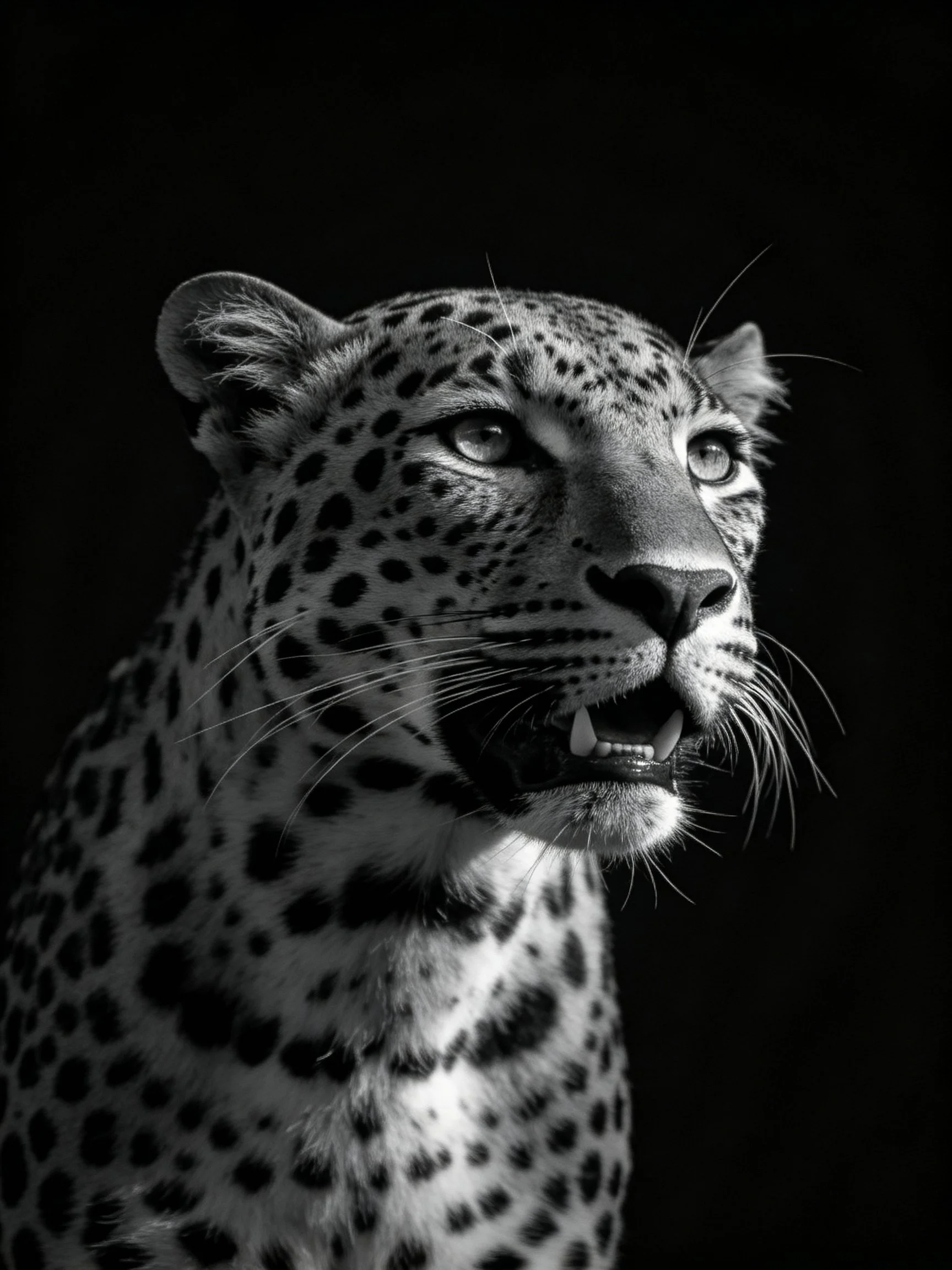 Black and white close-up of a leopard with distinctive spots
