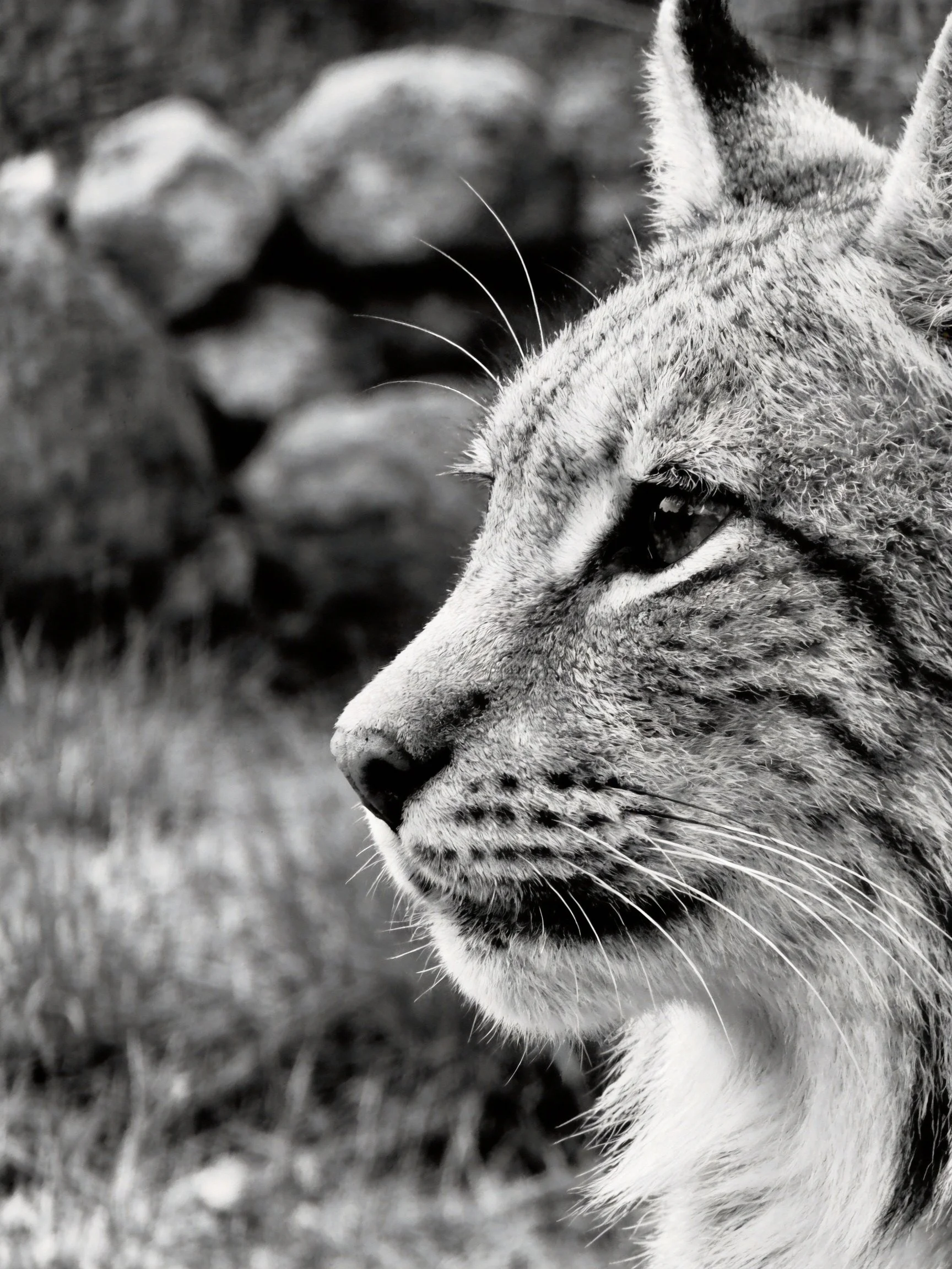 Black and white close-up of a lynx with rocky and grassy backdrop