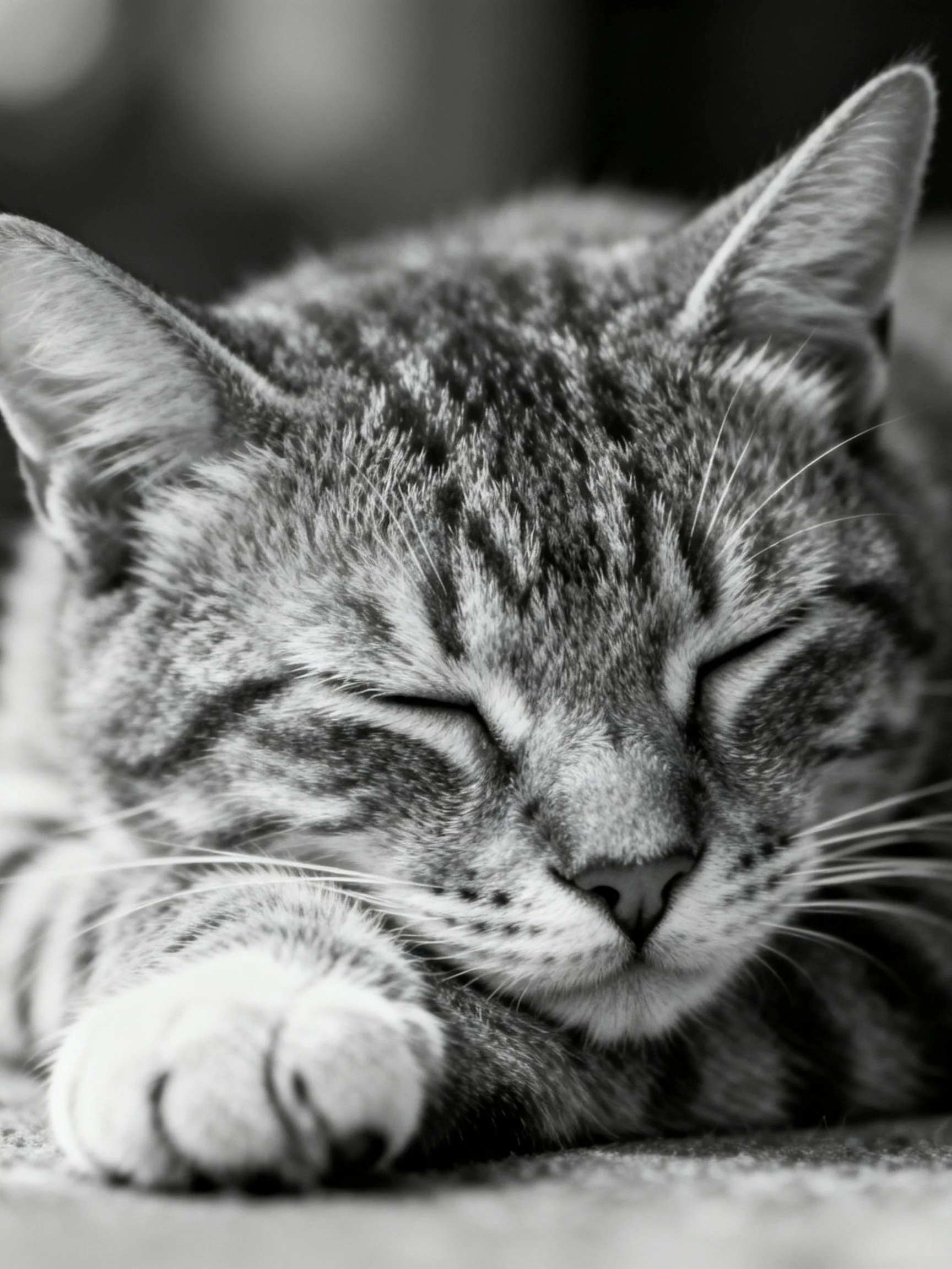 A black and white close-up depicts a tabby cat sleeping peacefully.