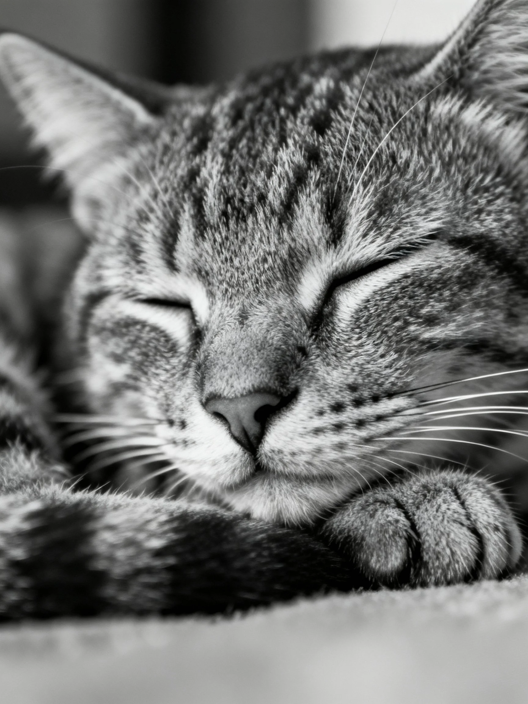 Black and white close - up of a sleeping tabby cat with striped fur