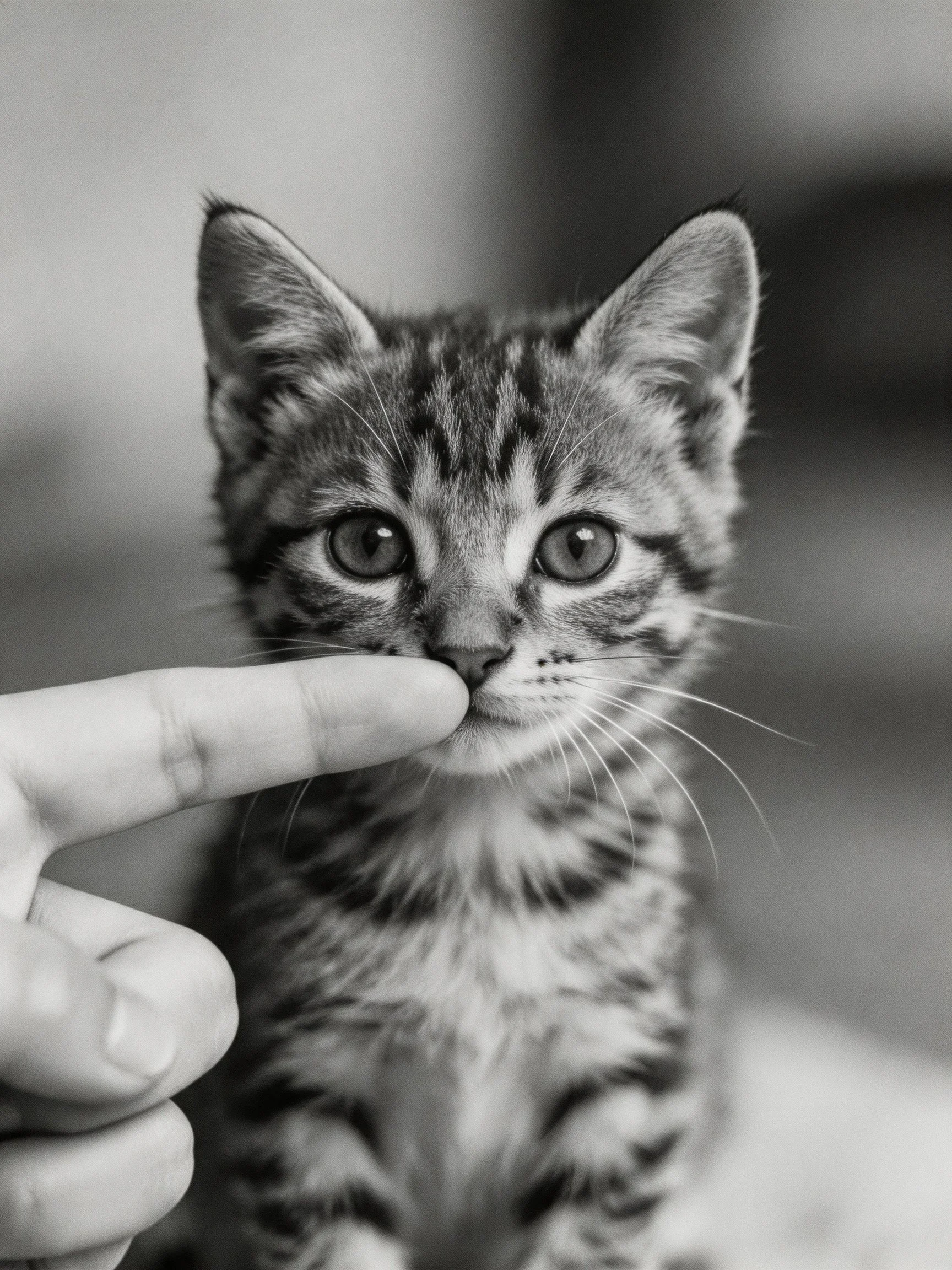 A small tabby kitten has a finger near its nose in a black-and-white photograph