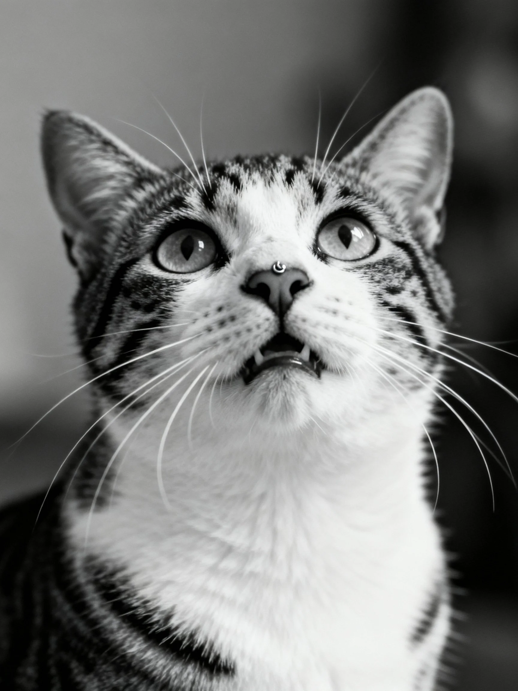 Black and white close-up of a tabby cat with a nose piercing