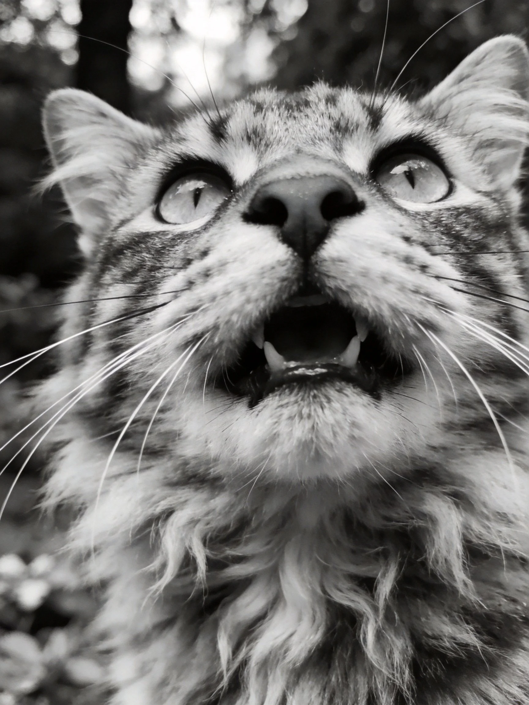 Black and white close up of a tabby cat with open mouth