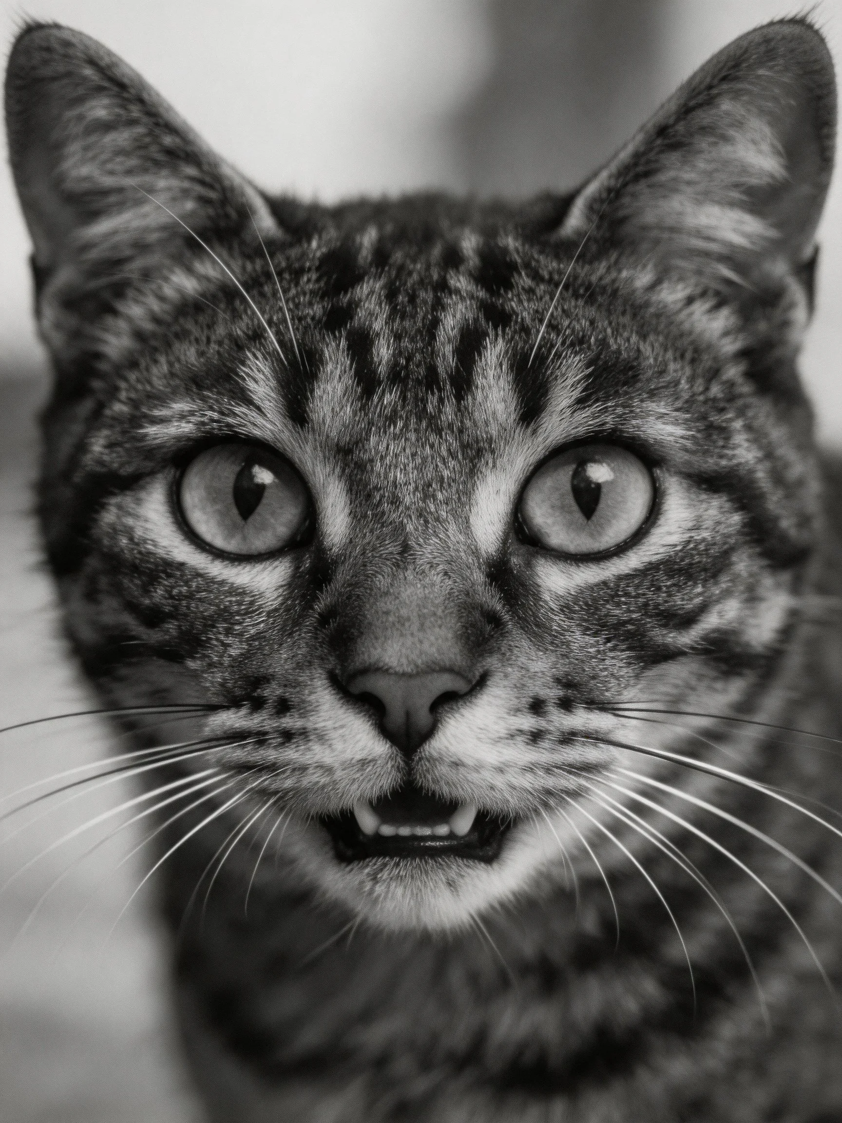 Black and white close - up of a tabby cat with prominent whiskers and wide eyes