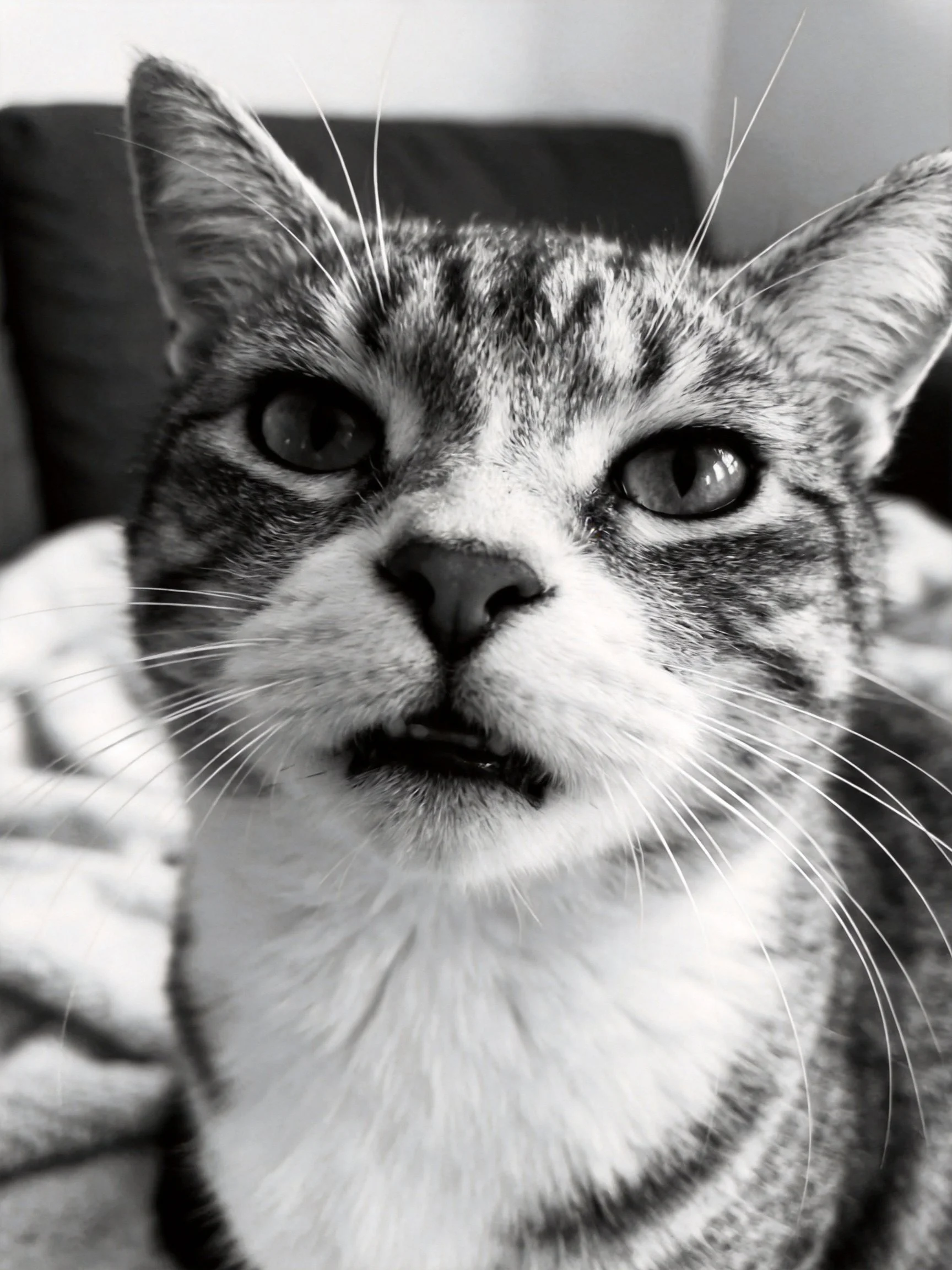 Black - and - white close - up of a tabby cat with striped markings