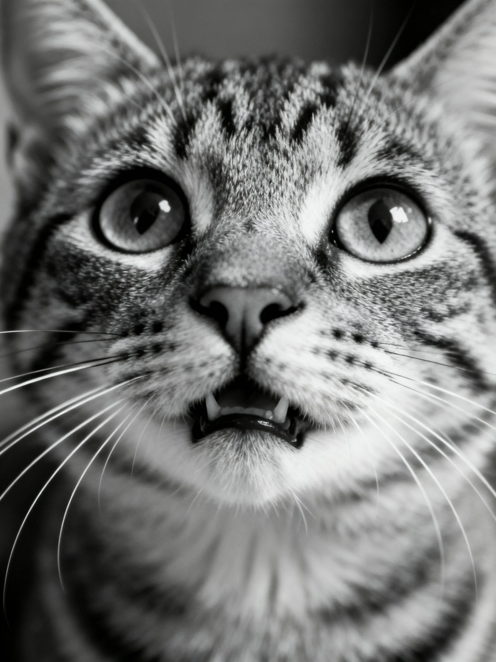 Black-and-white close-up of a tabby cat with wide eyes