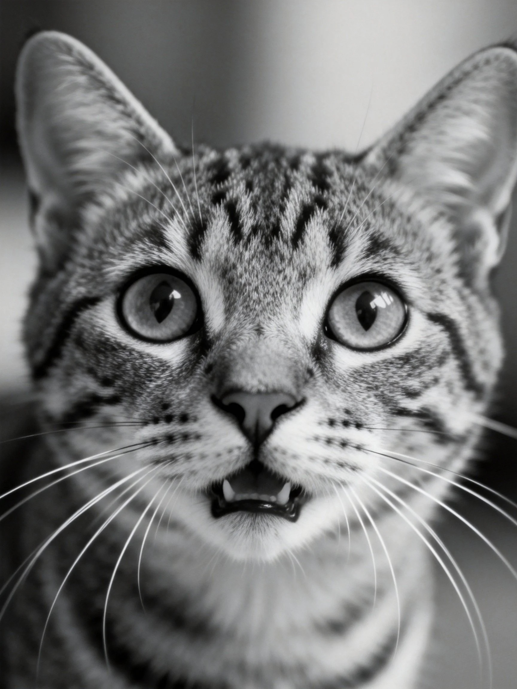 Black - and - white close - up of a tabby cat with wide eyes