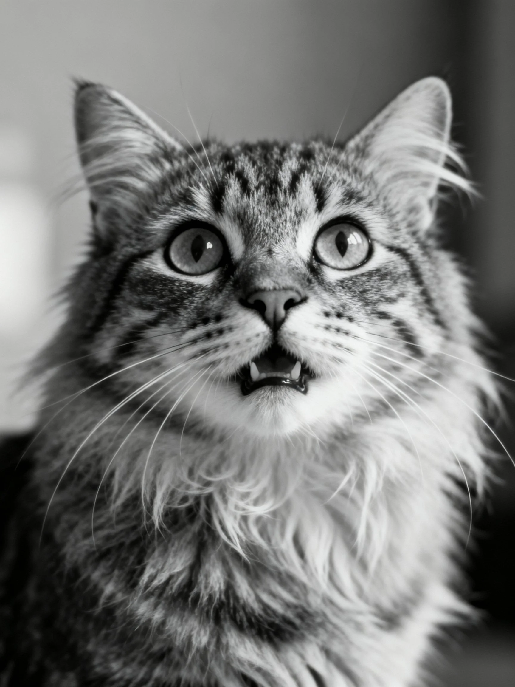 Black and white close - up of a tabby cat with wide eyes
