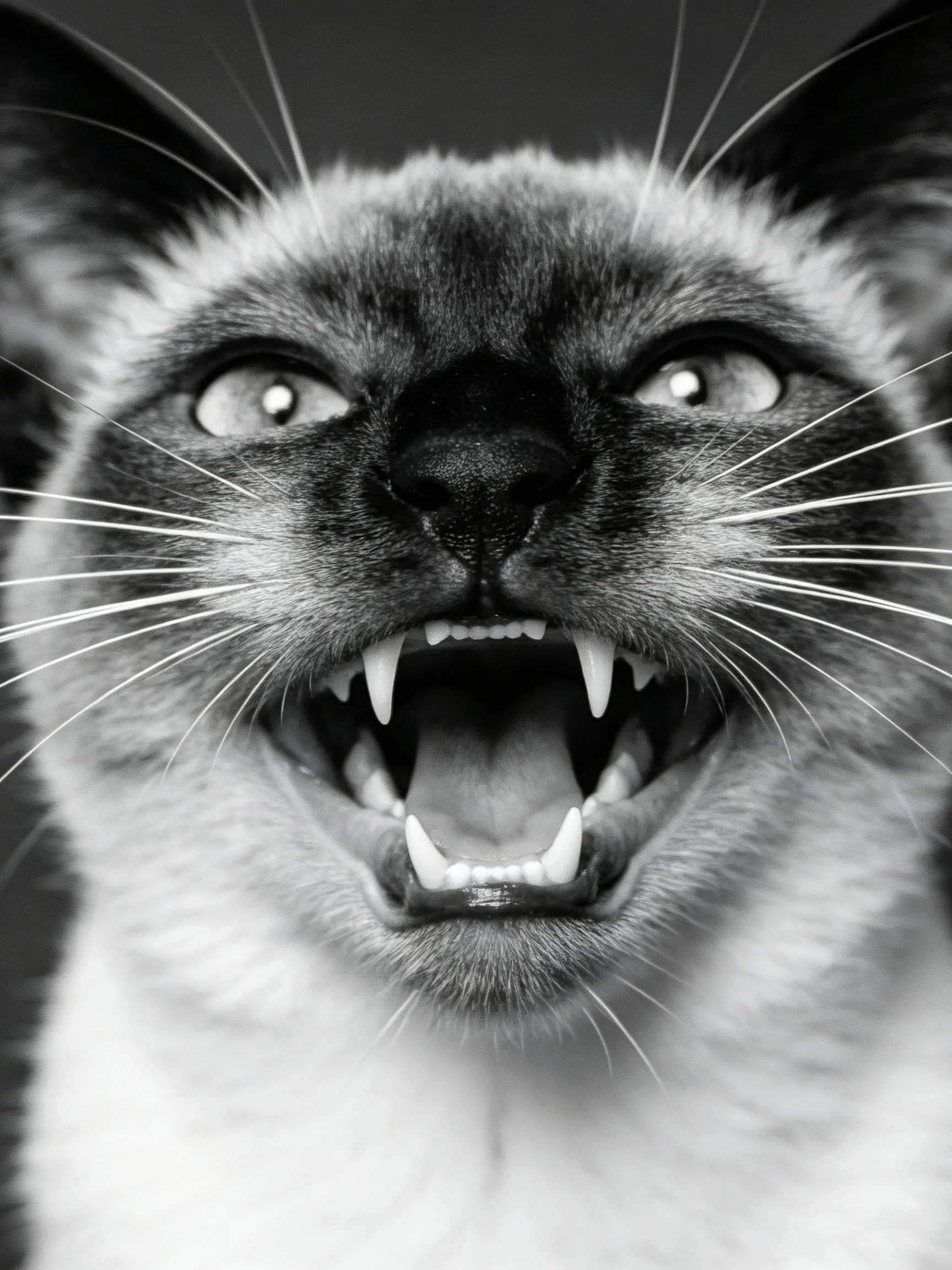 A black and white photograph shows a Siamese cat with its mouth open, displaying sharp teeth.