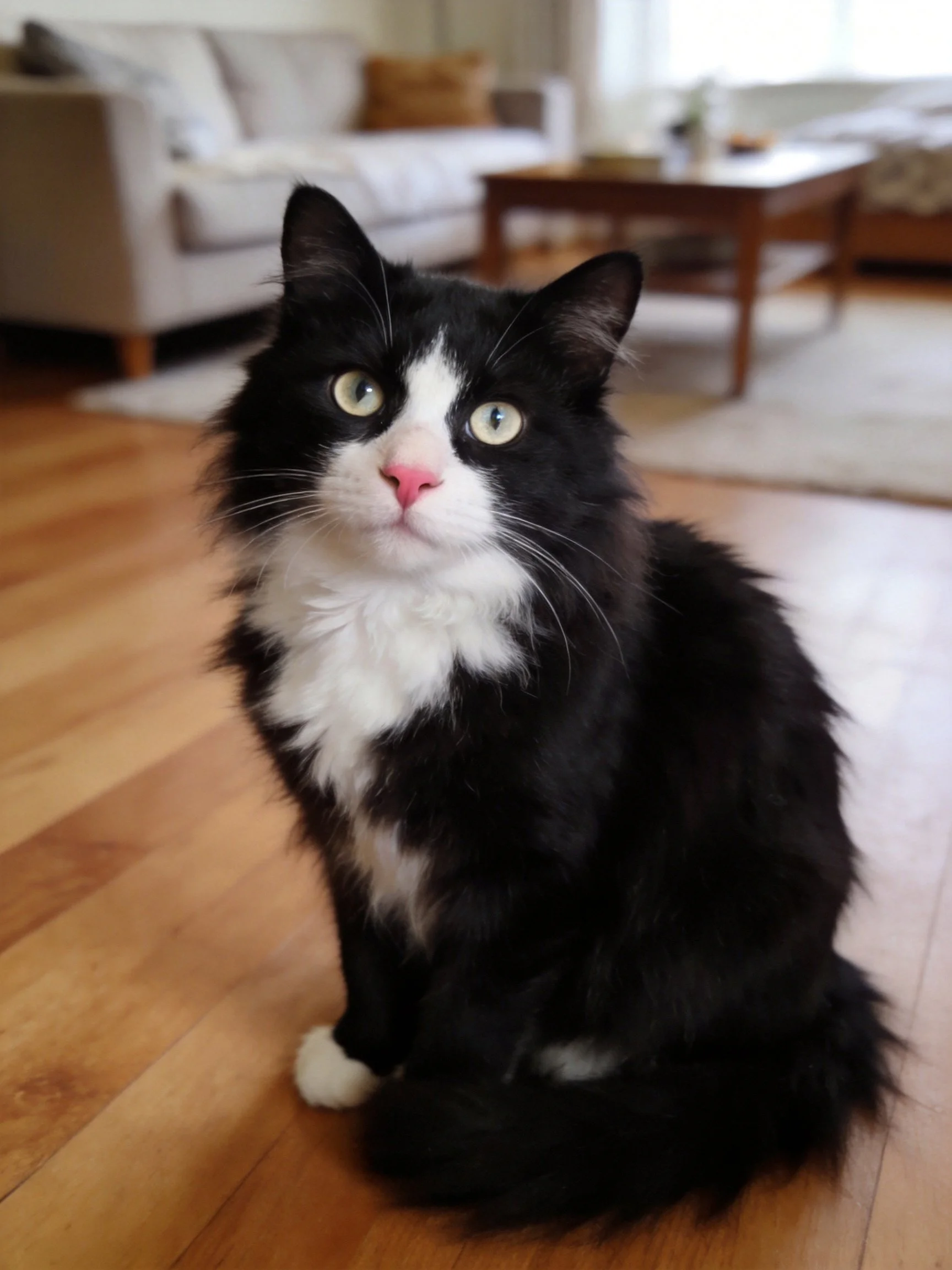 Black and white fluffy cat sits on wooden floor in cozy living room
