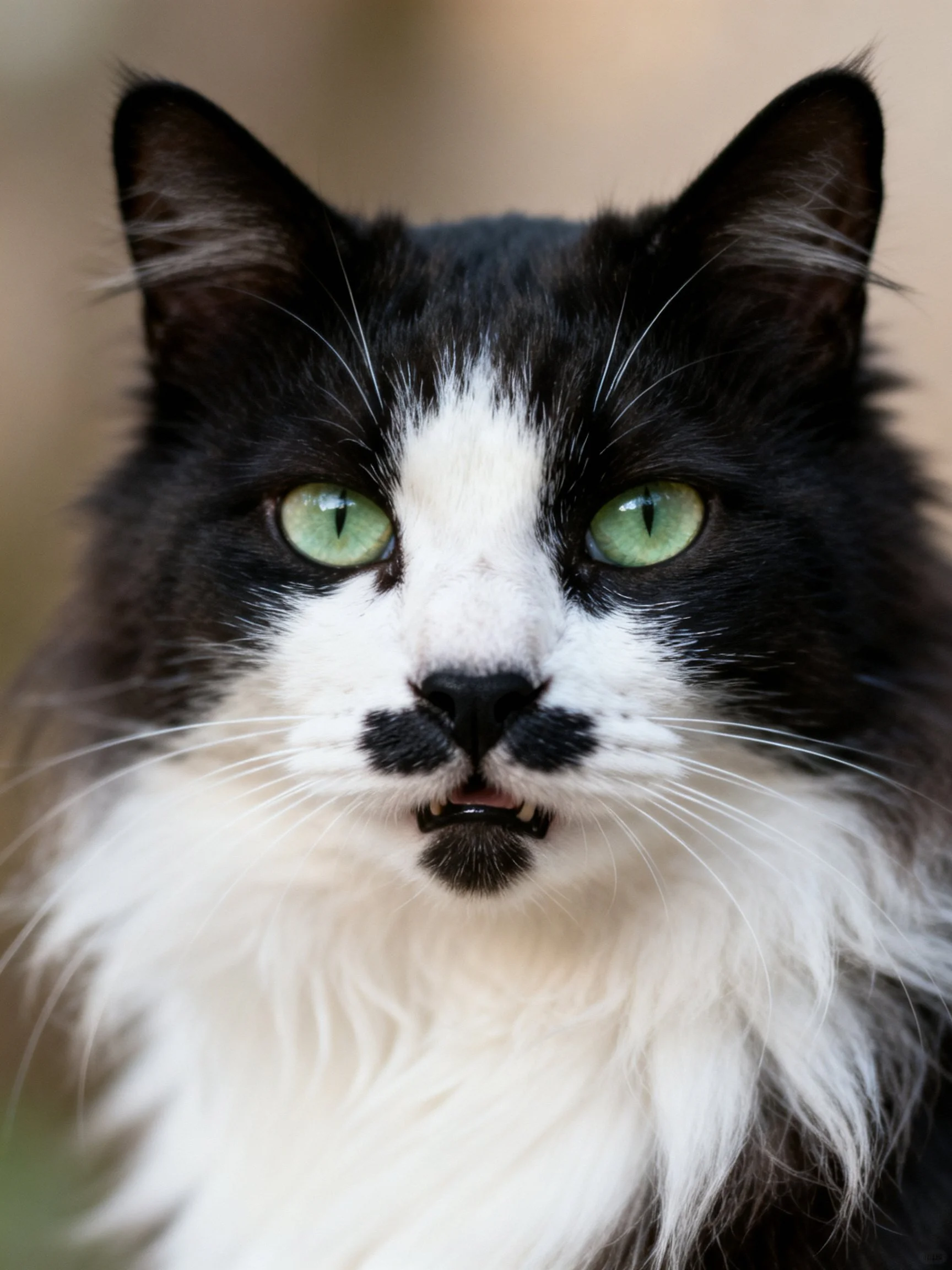 Black and white fluffy cat with bright green eyes