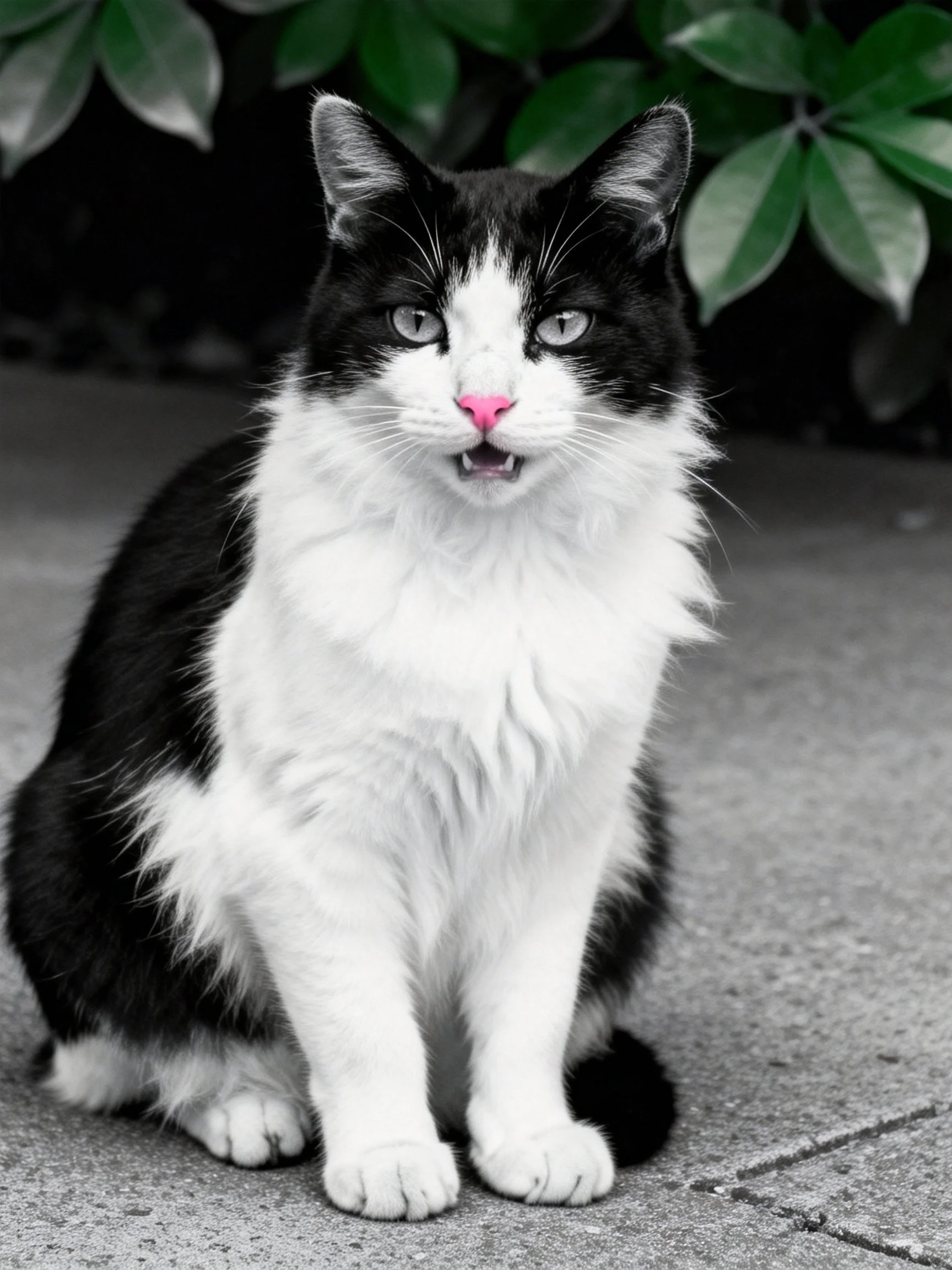 Black - and - white fluffy cat with pink nose near green foliage