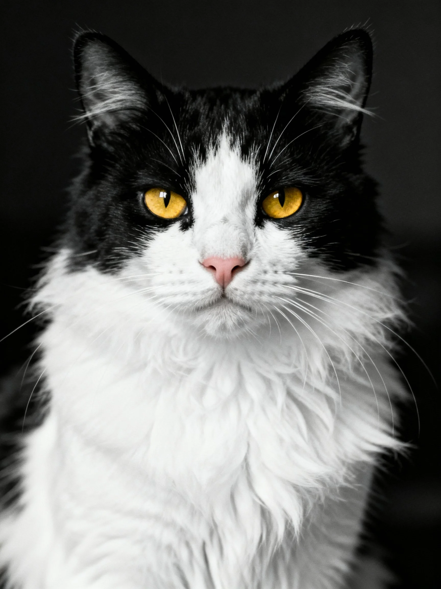 Black and white fluffy cat with vivid yellow eyes