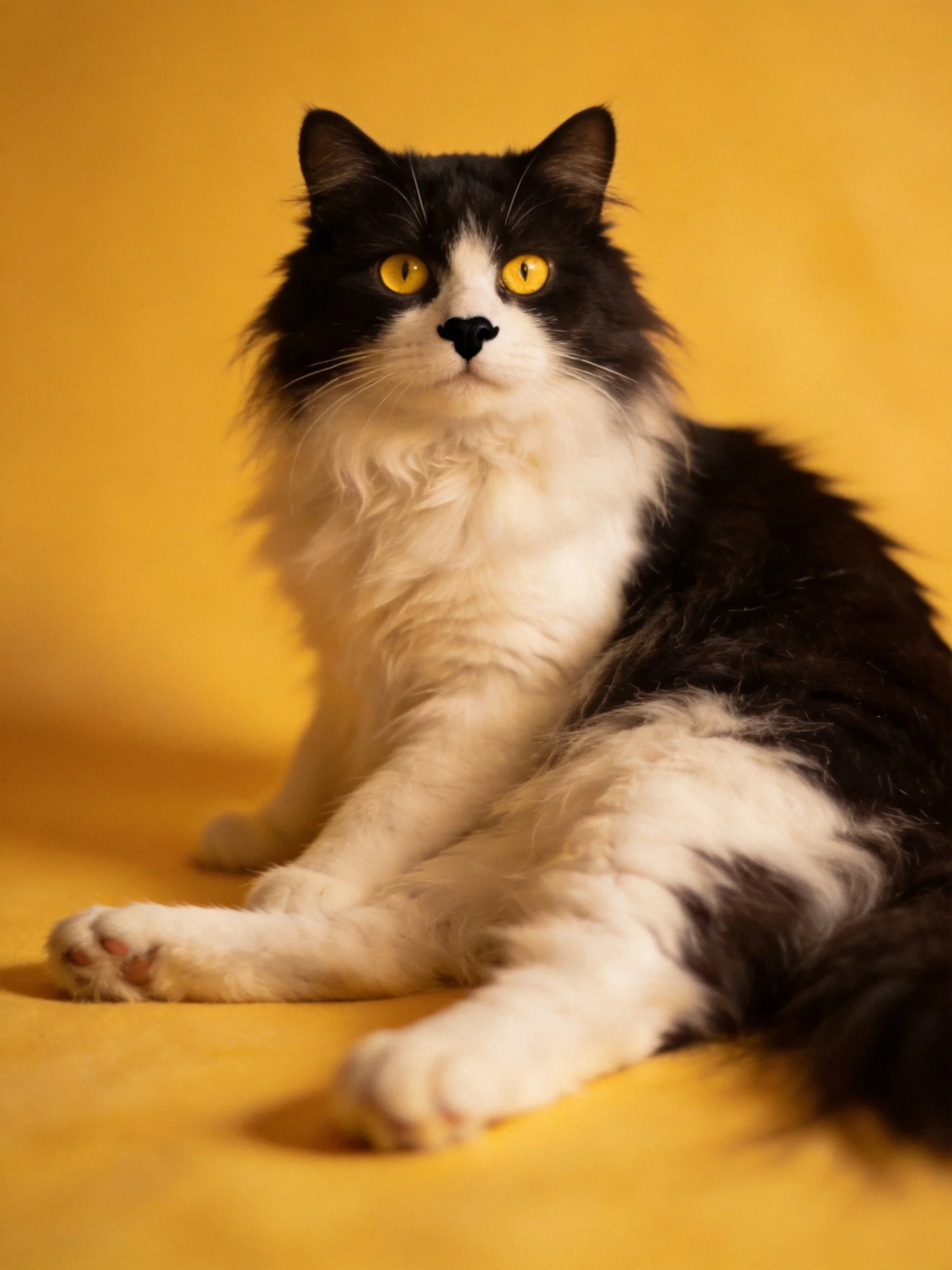 A black and white fluffy cat sits calmly against a yellow background.