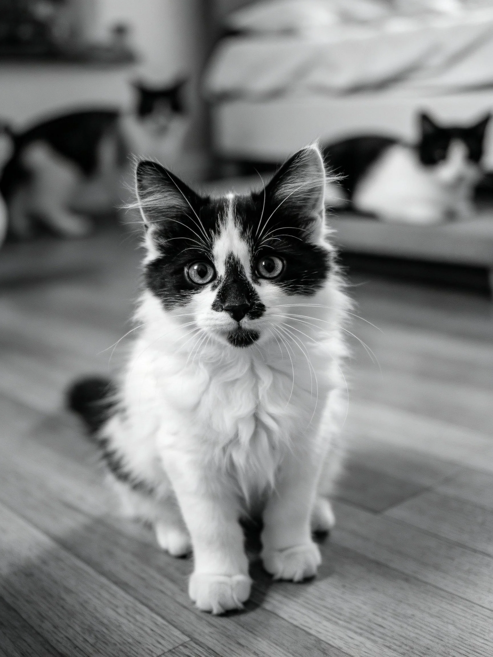 Black and white kitten centered on wooden floor with blurred cats in background