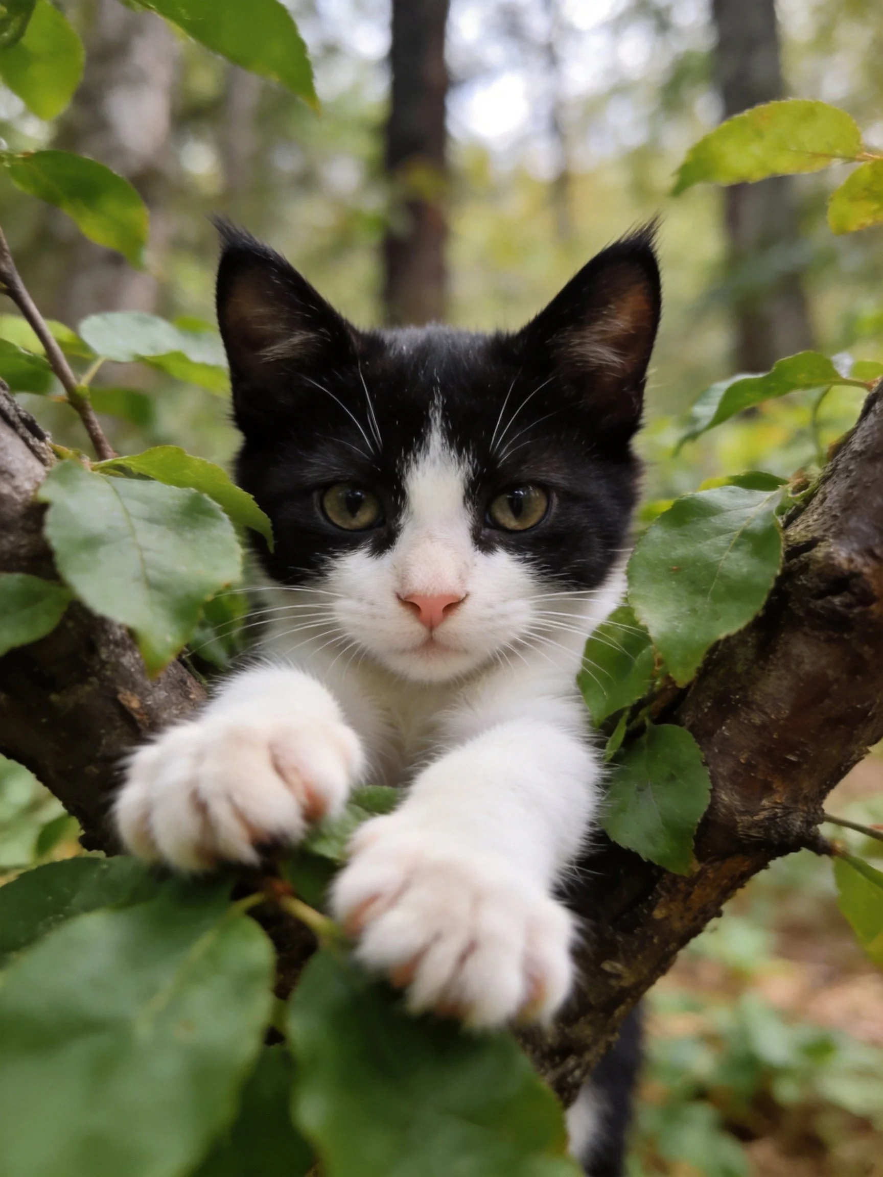 Black and white kitten clinging to tree branch with green leaves