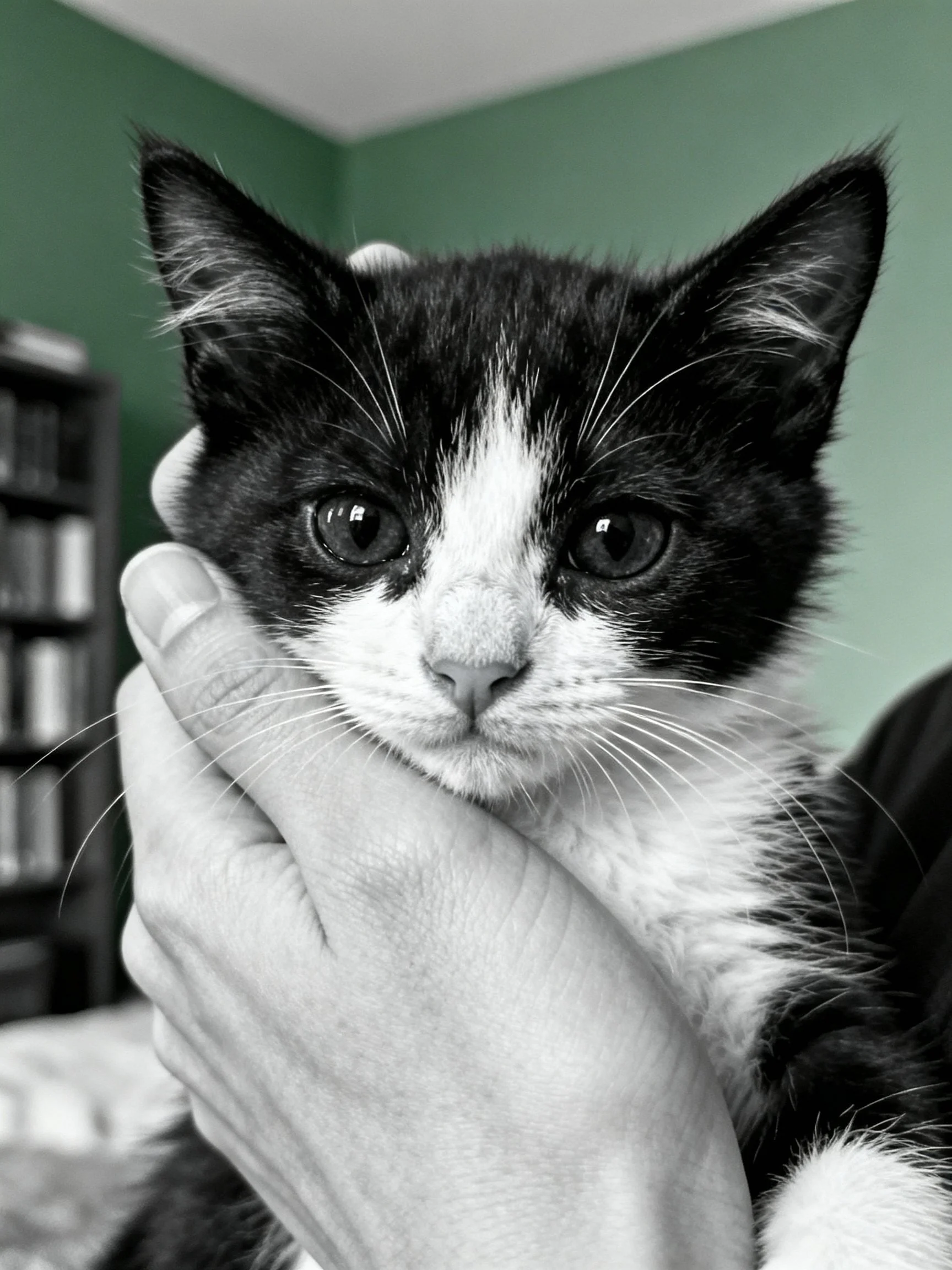 Black and white kitten cradled in hands against green wall