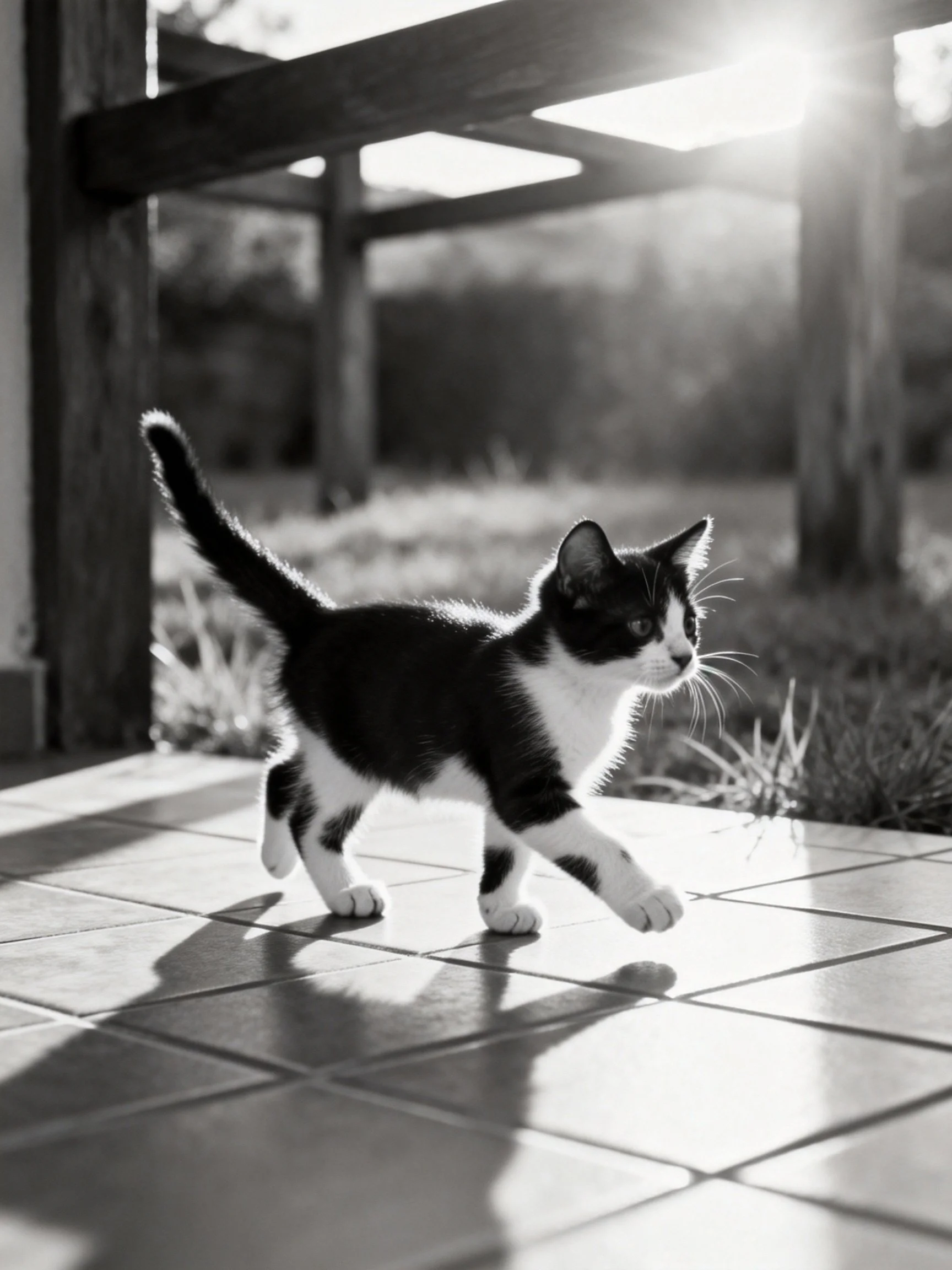 Black and white kitten explores tiled patio near wooden beams