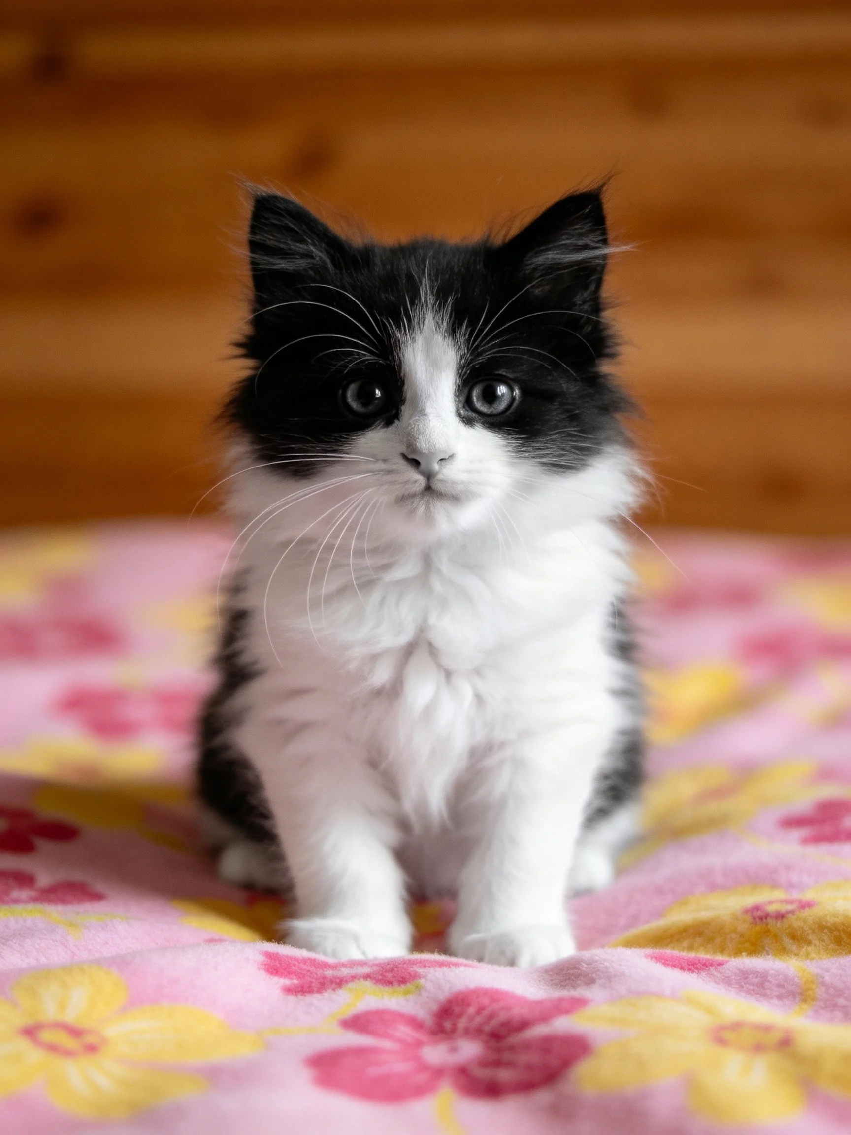 A black and white kitten sits calmly on a pink floral blanket.