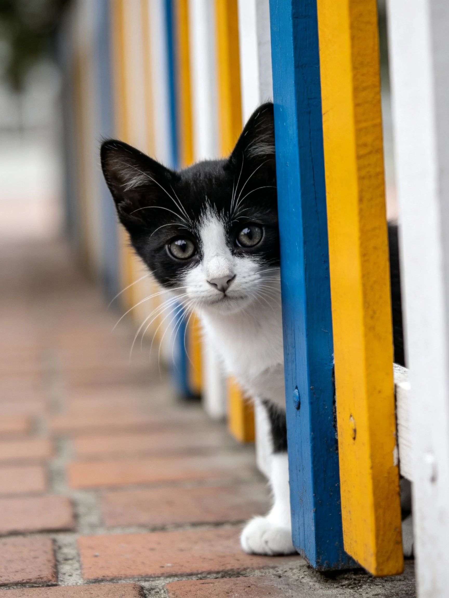 Black and white kitten peeks from blue, yellow, white fence posts