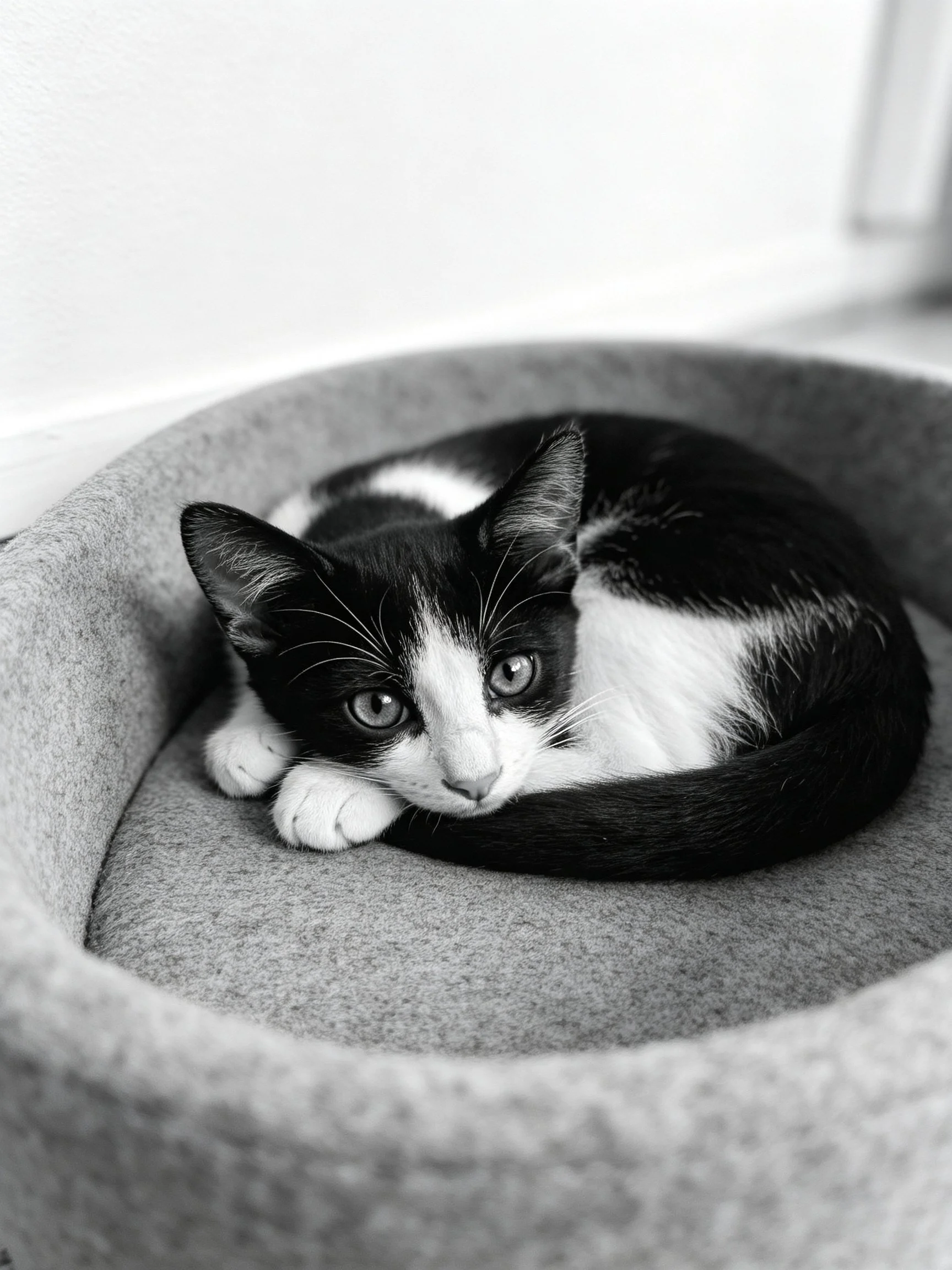 Black and white kitten resting in soft gray pet bed