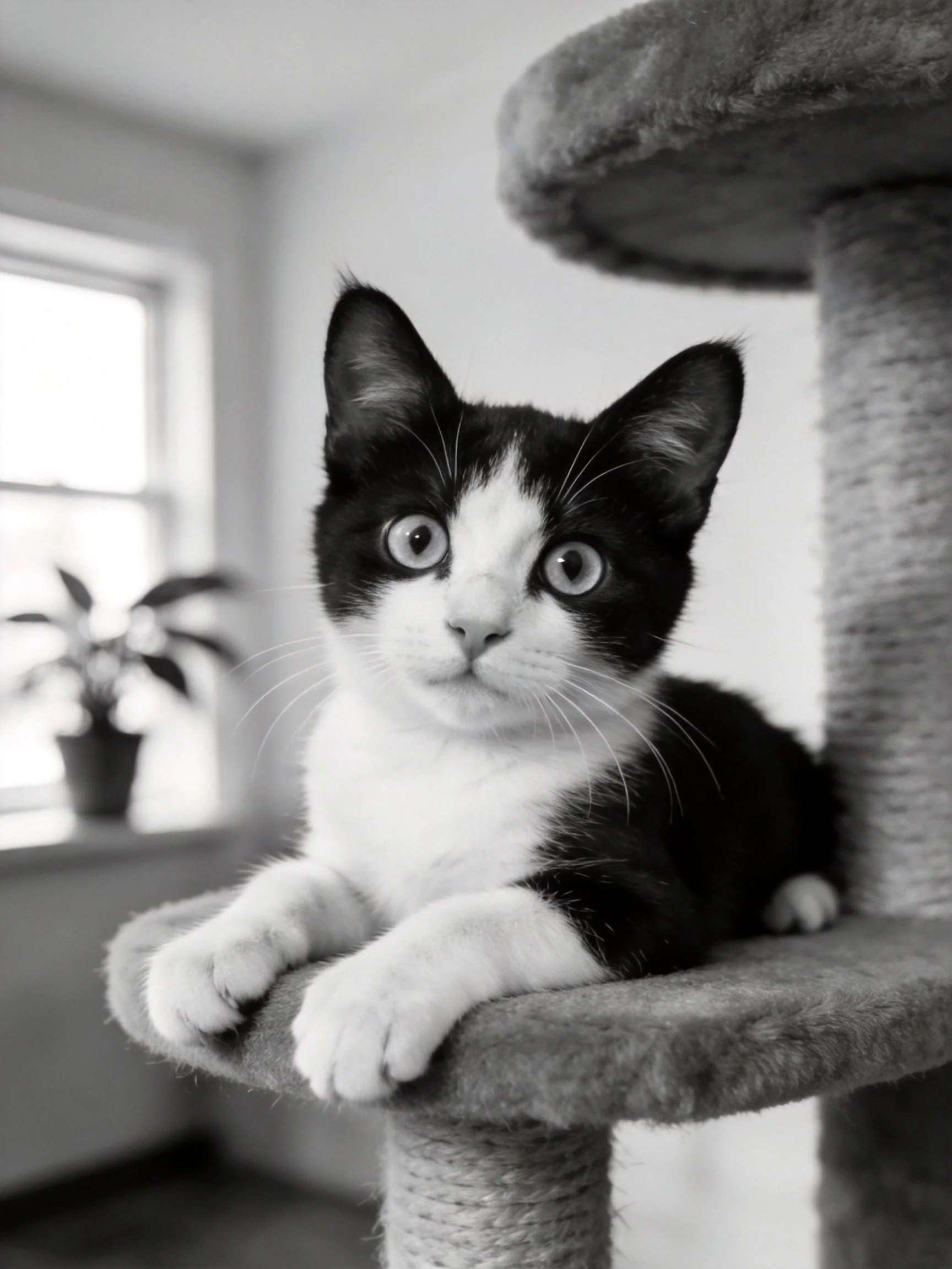 Black and white kitten resting on a multi-level cat tree