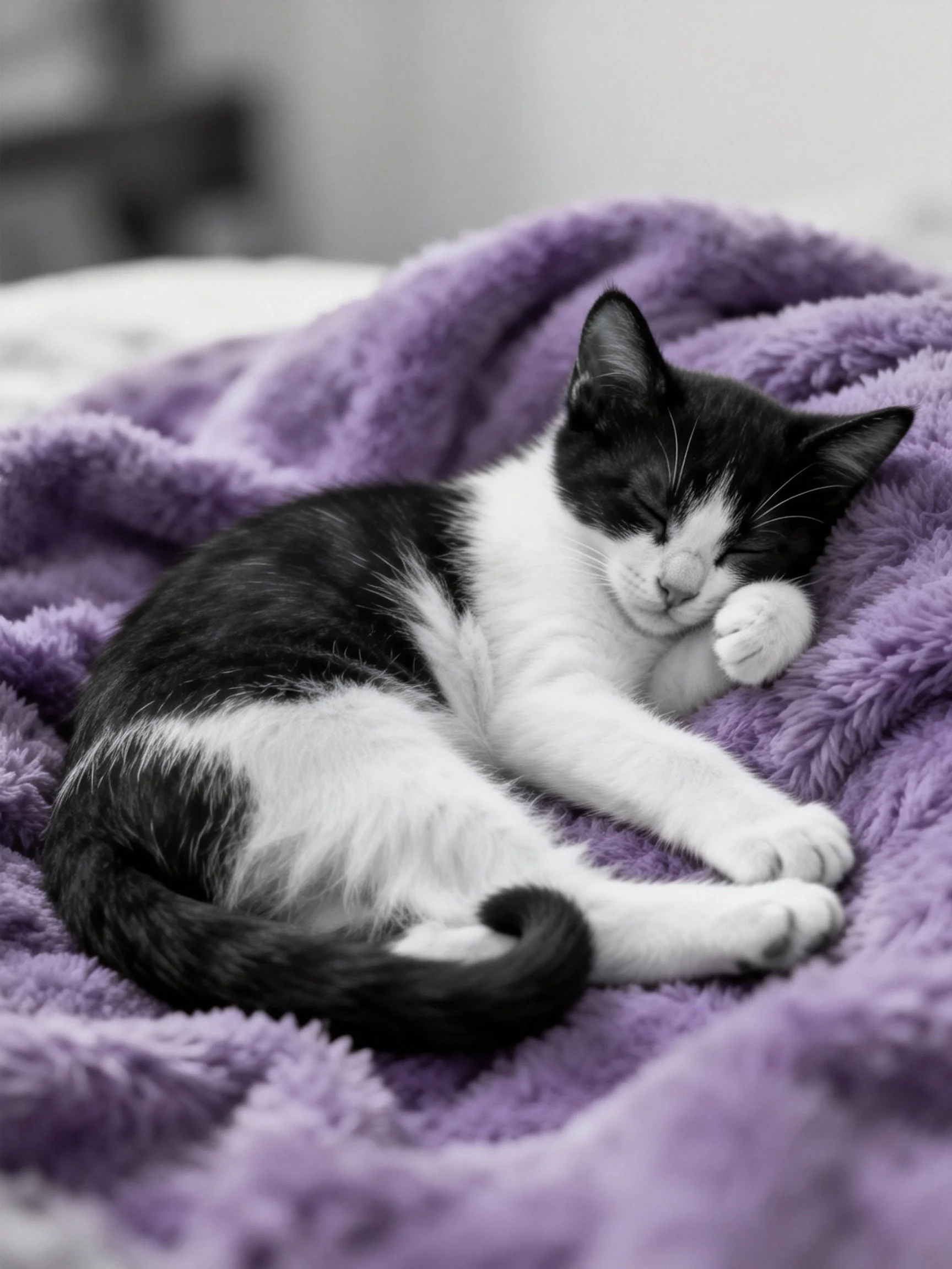 Black - and - white kitten resting on plush purple blanket