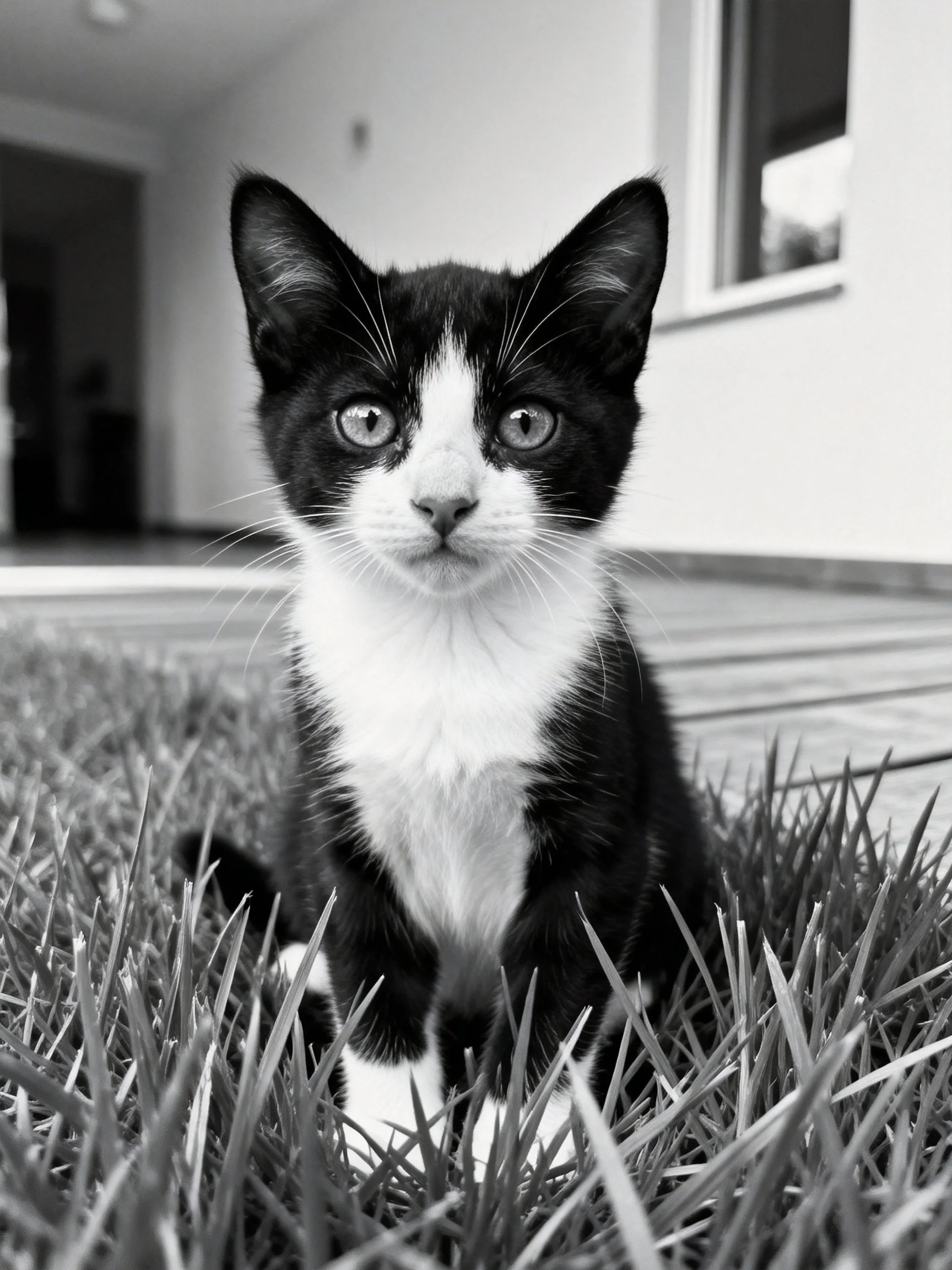 Black and white kitten sitting in grass near a modern home