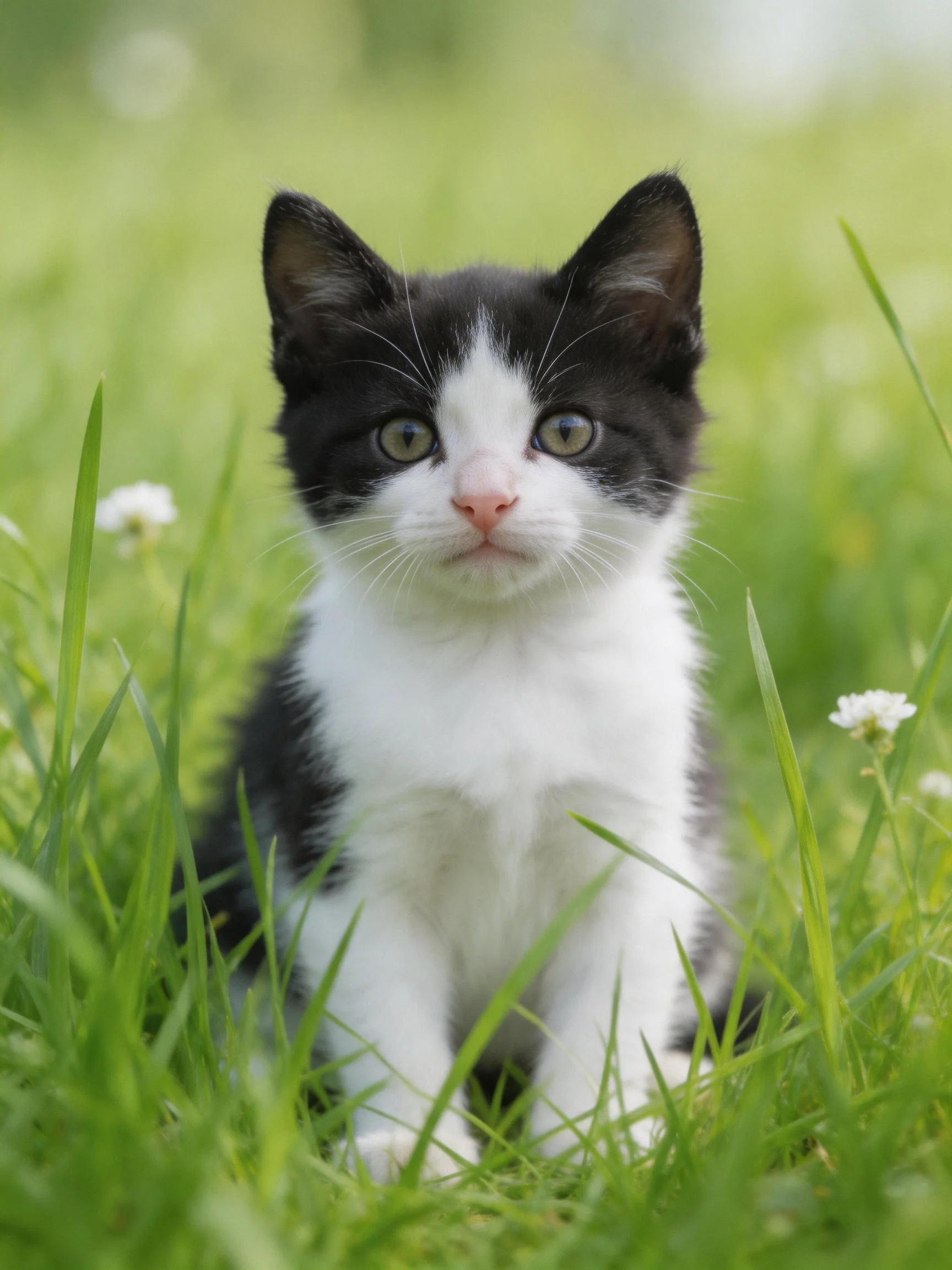 Black and white kitten sitting in lush green grass