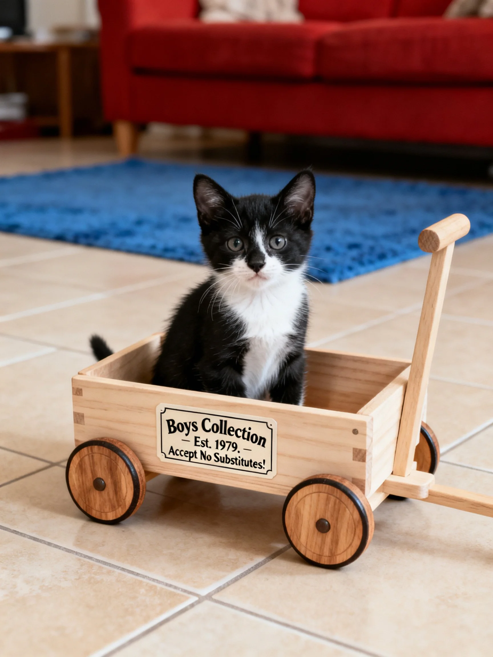 Black and white kitten sitting in wooden wagon with Boys Collection sign