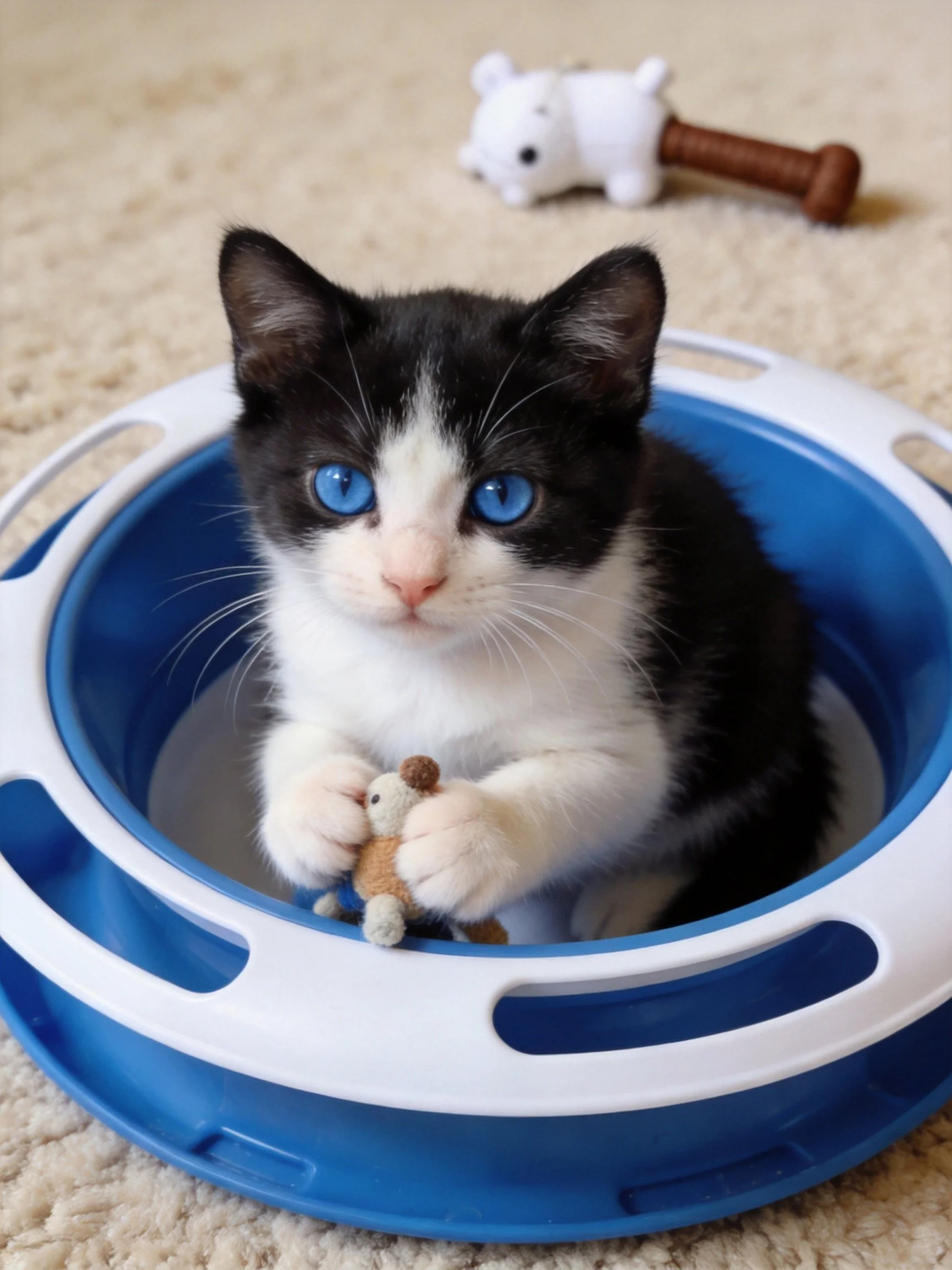 Black and white kitten with blue eyes in blue/white container holding small toy