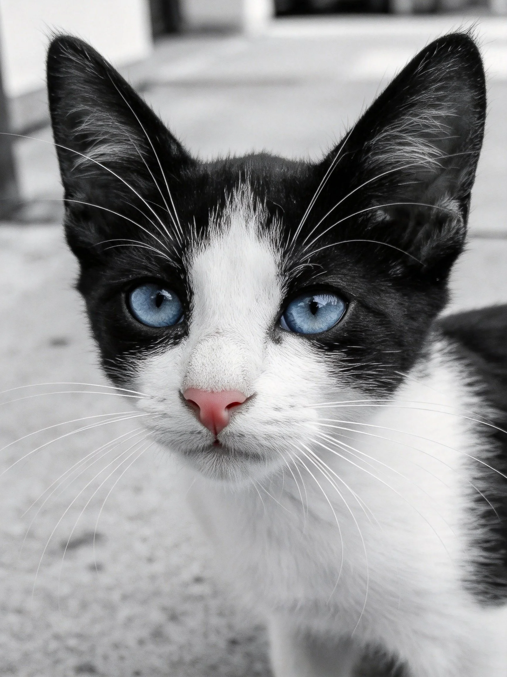 Black and white kitten with bright blue eyes in an outdoor setting
