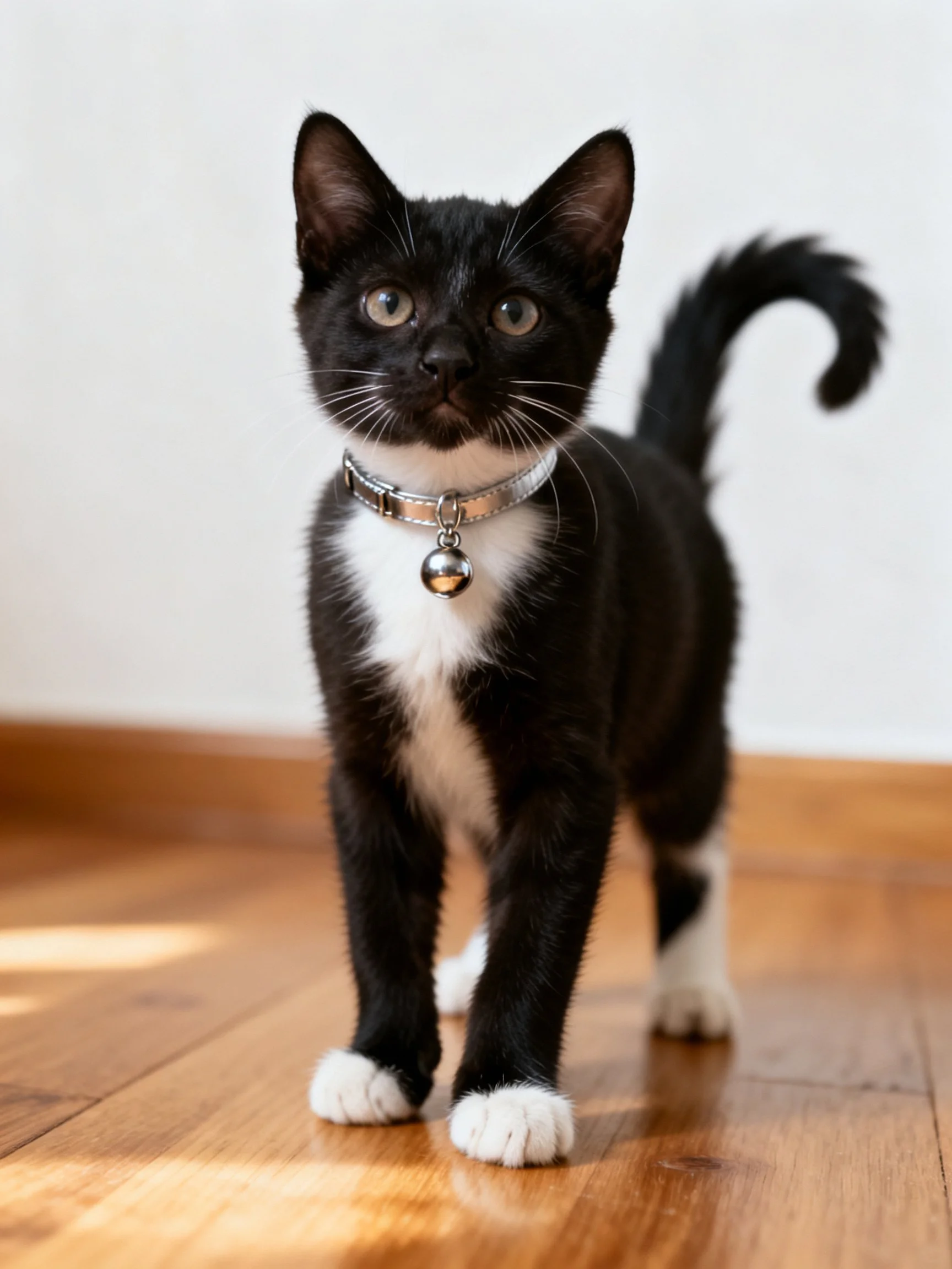 Black and white kitten with silver bell collar on wooden floor