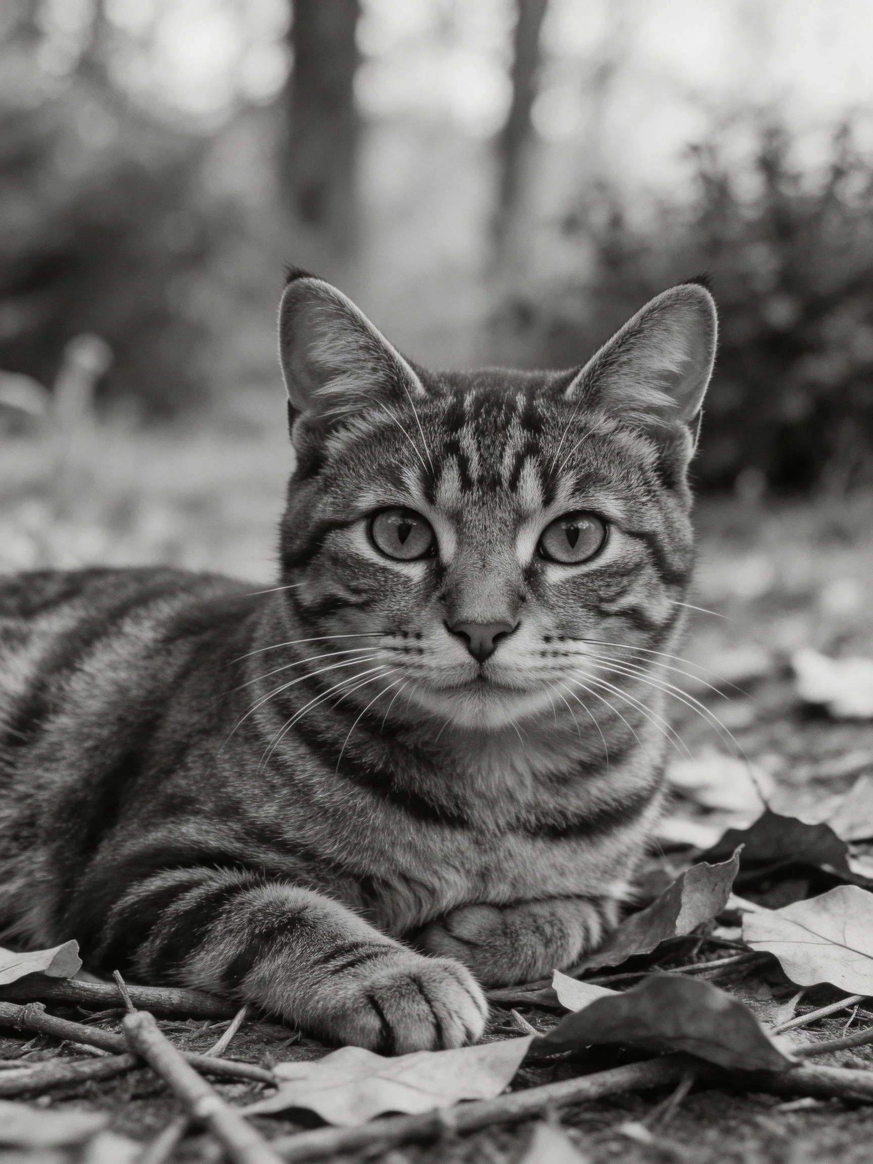 Black - and - white photograph of a tabby cat resting among fallen leaves