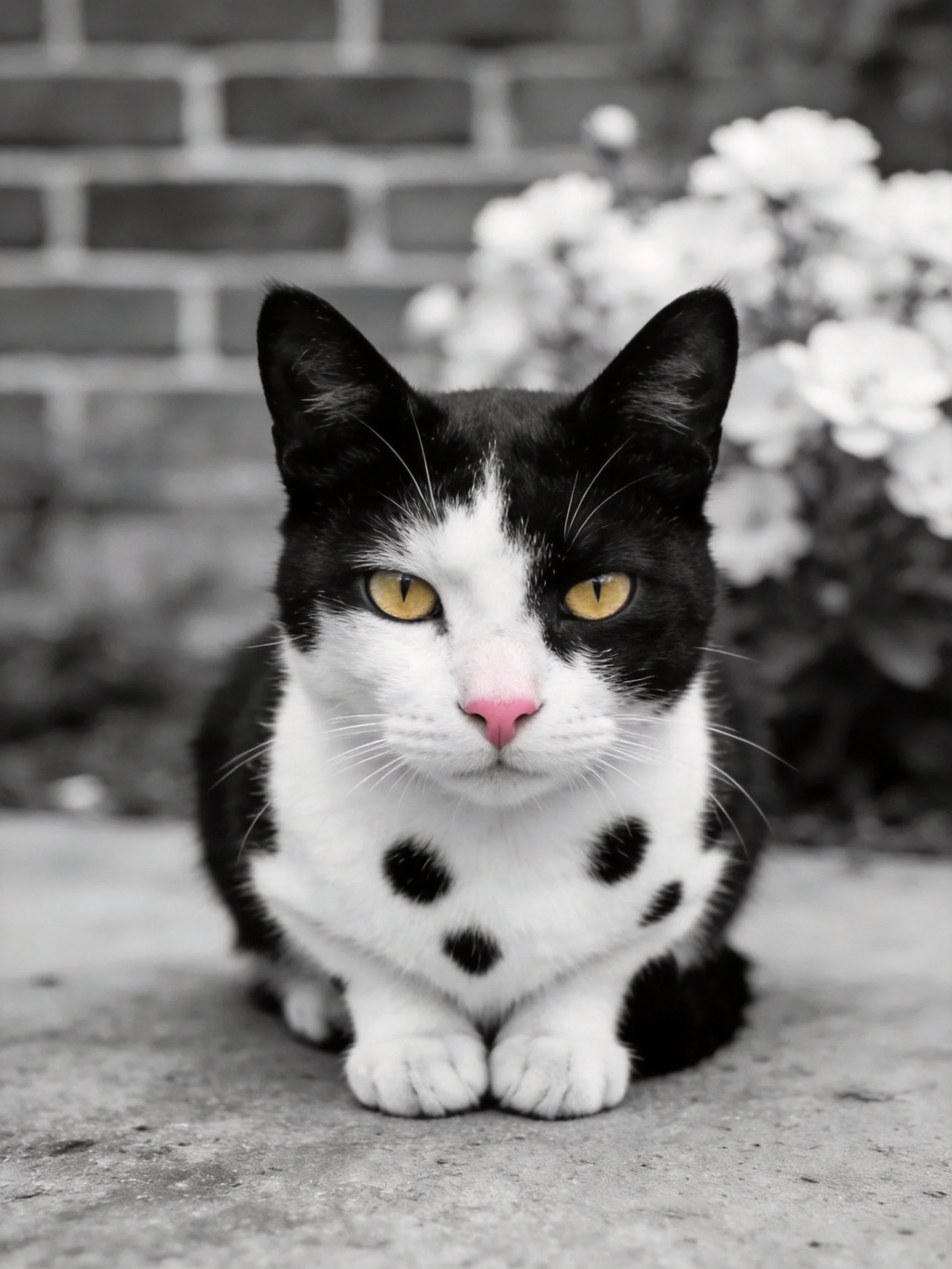 Black and white spotted cat with yellow eyes near brick wall
