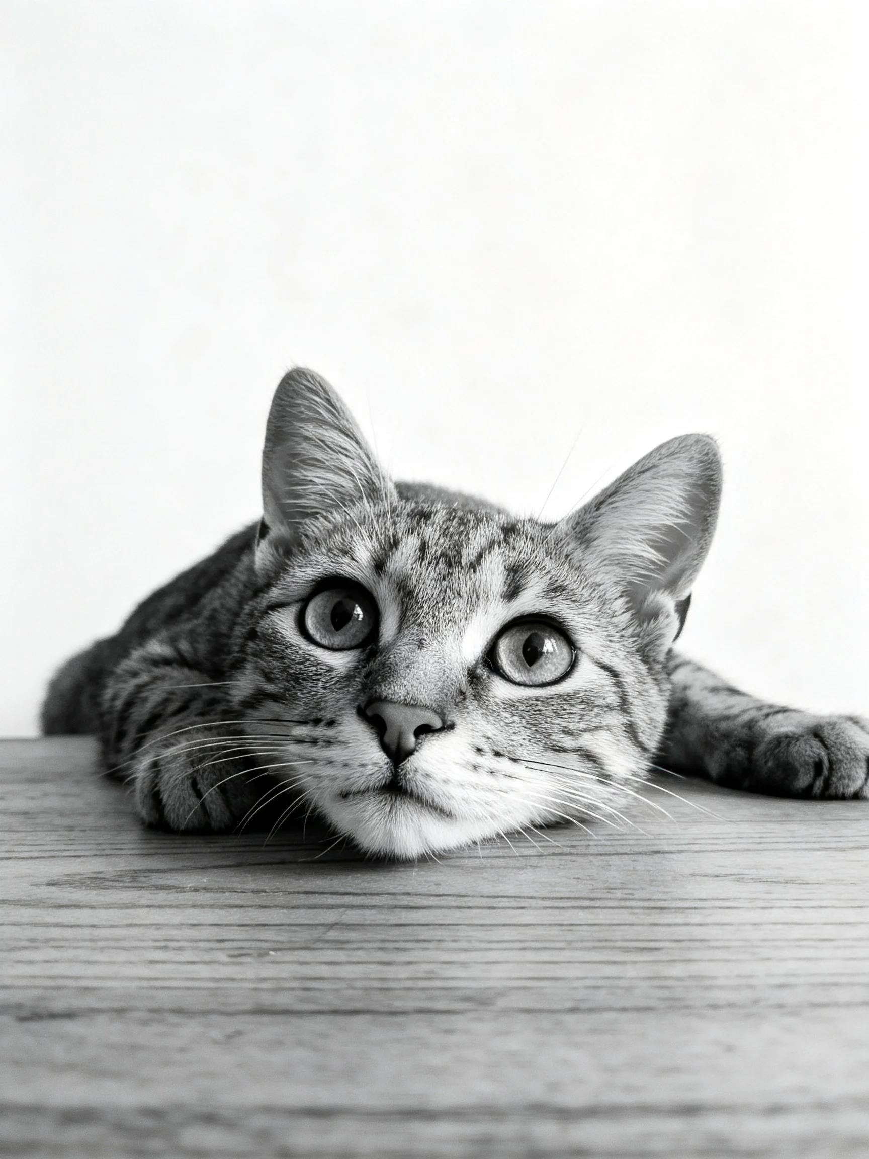 A black - and - white tabby cat rests on a wooden table, gazing upward.