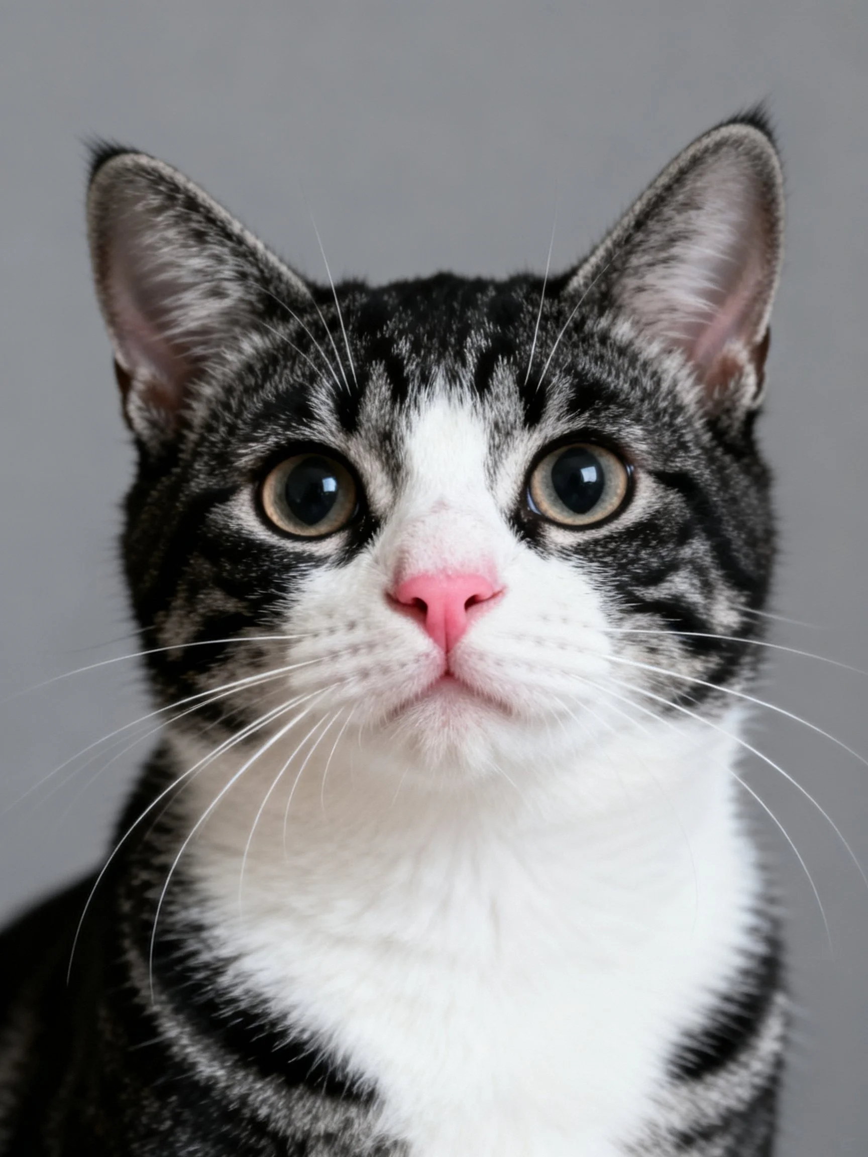 Black and white tabby cat with large green eyes and pink nose