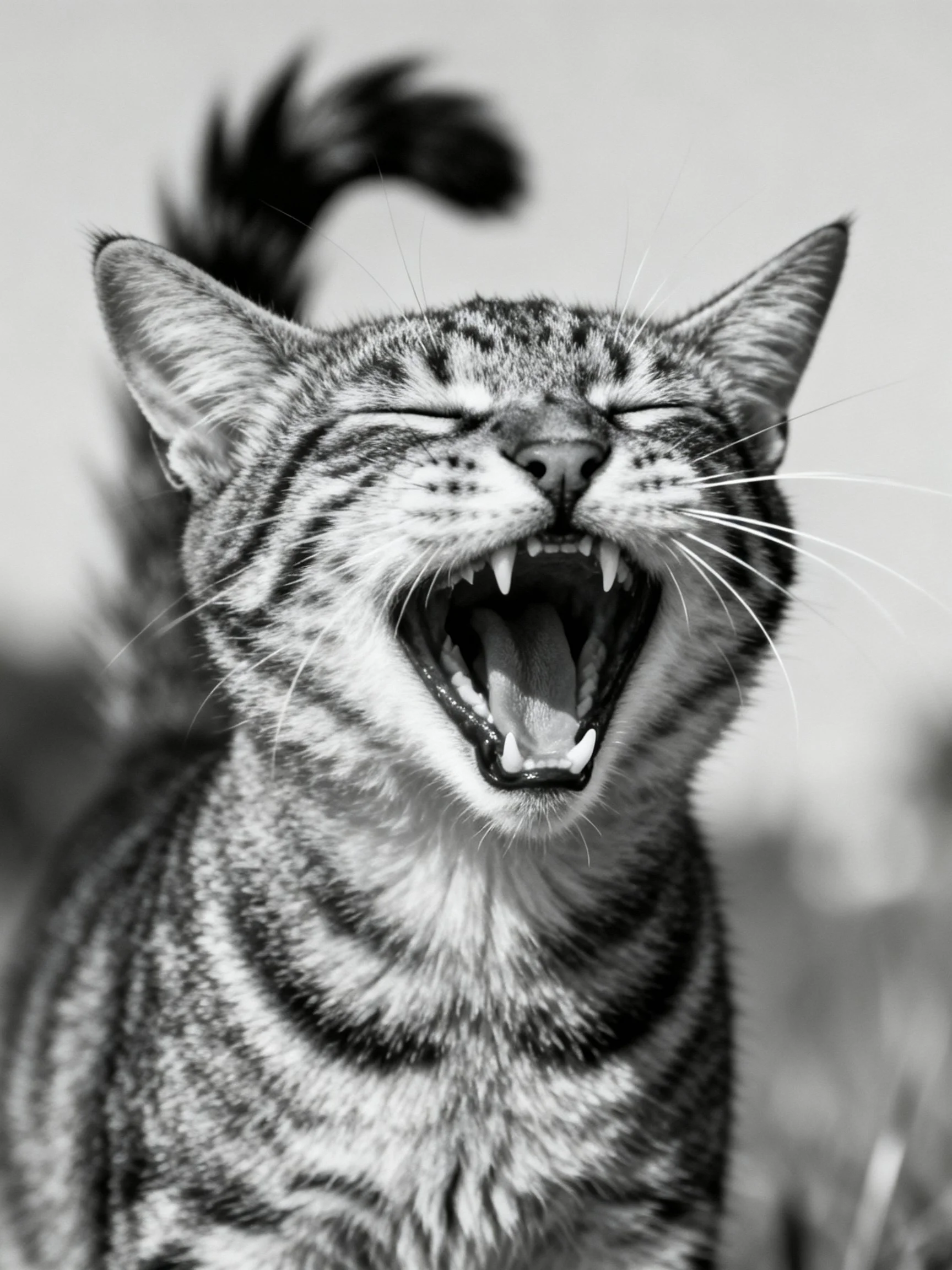 Black - and - white tabby cat yawning with eyes closed