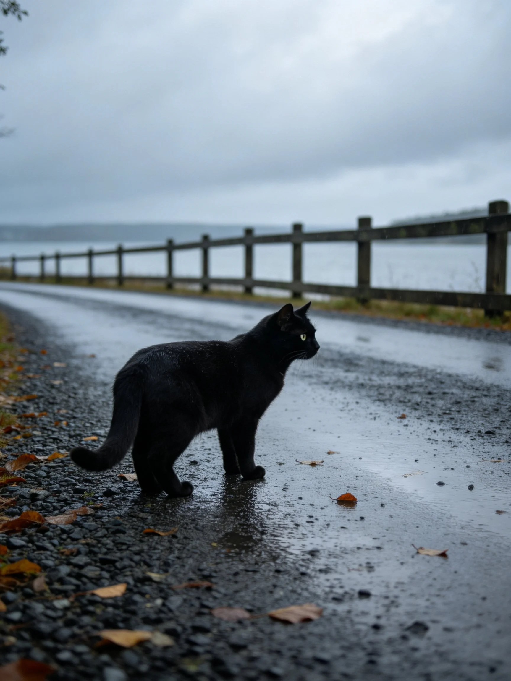 Black cat on wet road by wooden fence under cloudy sky