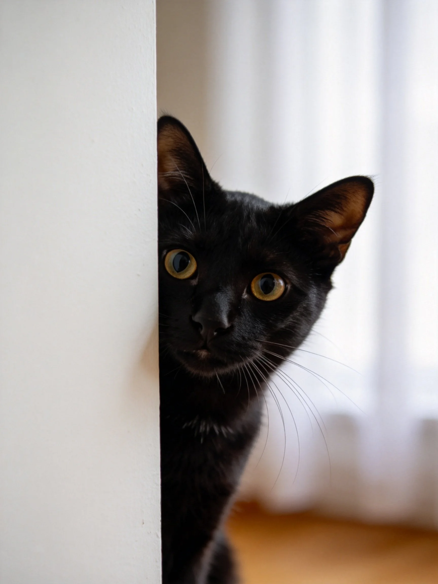 Black cat peeks from behind white structure with yellow eyes