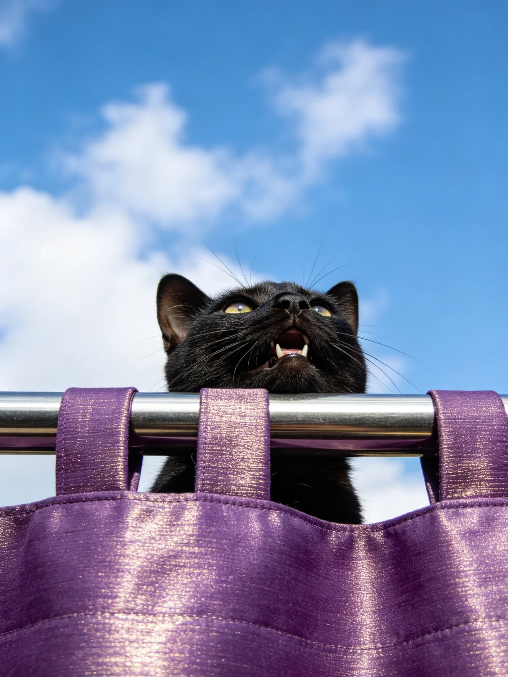 Black cat peeks over purple curtain rod with blue sky backdrop