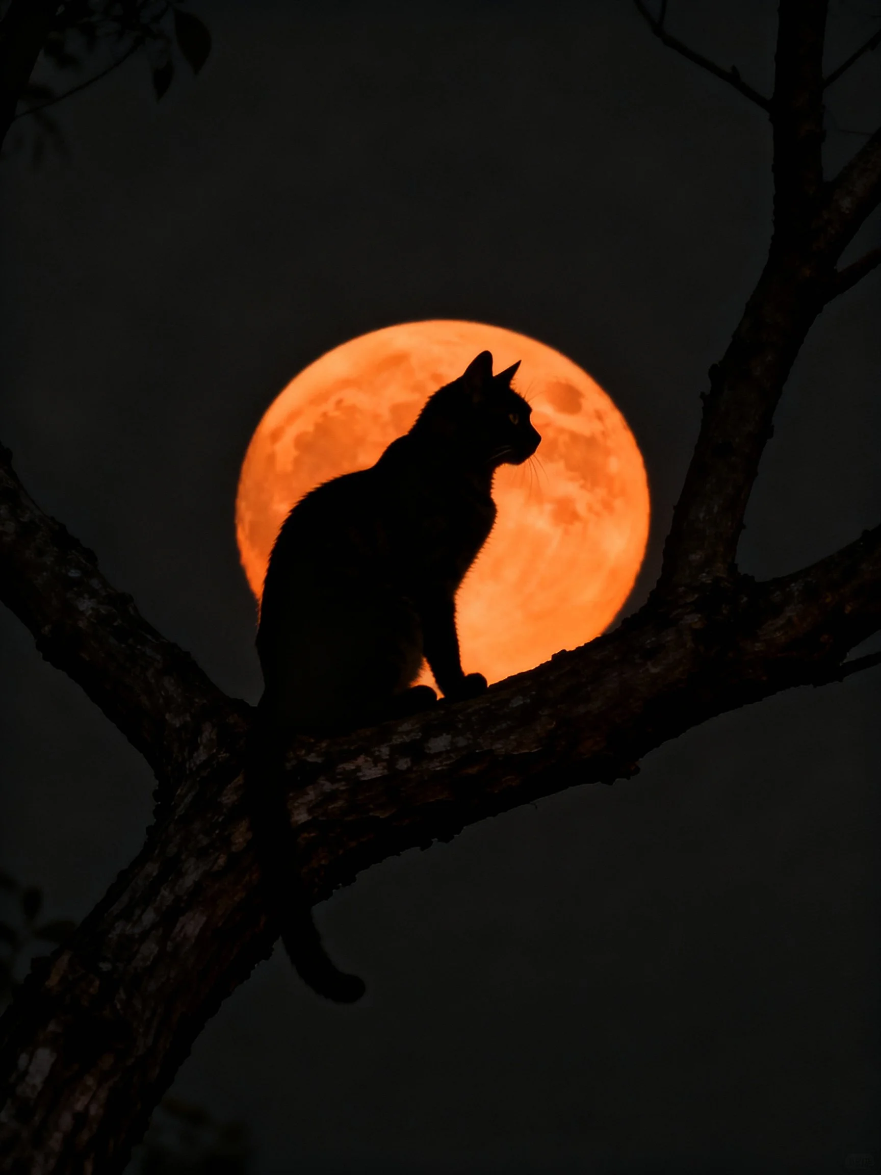 Black cat silhouetted against glowing orange moon on tree branch