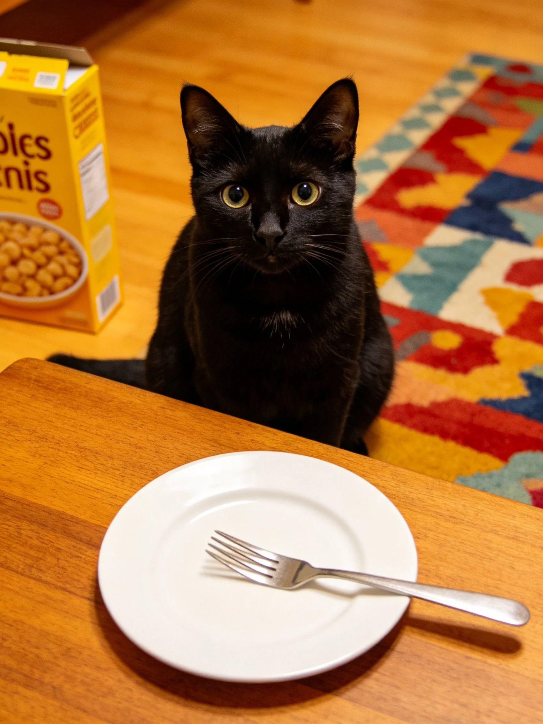 Black cat sits beside cereal box, plate, and fork on wooden table