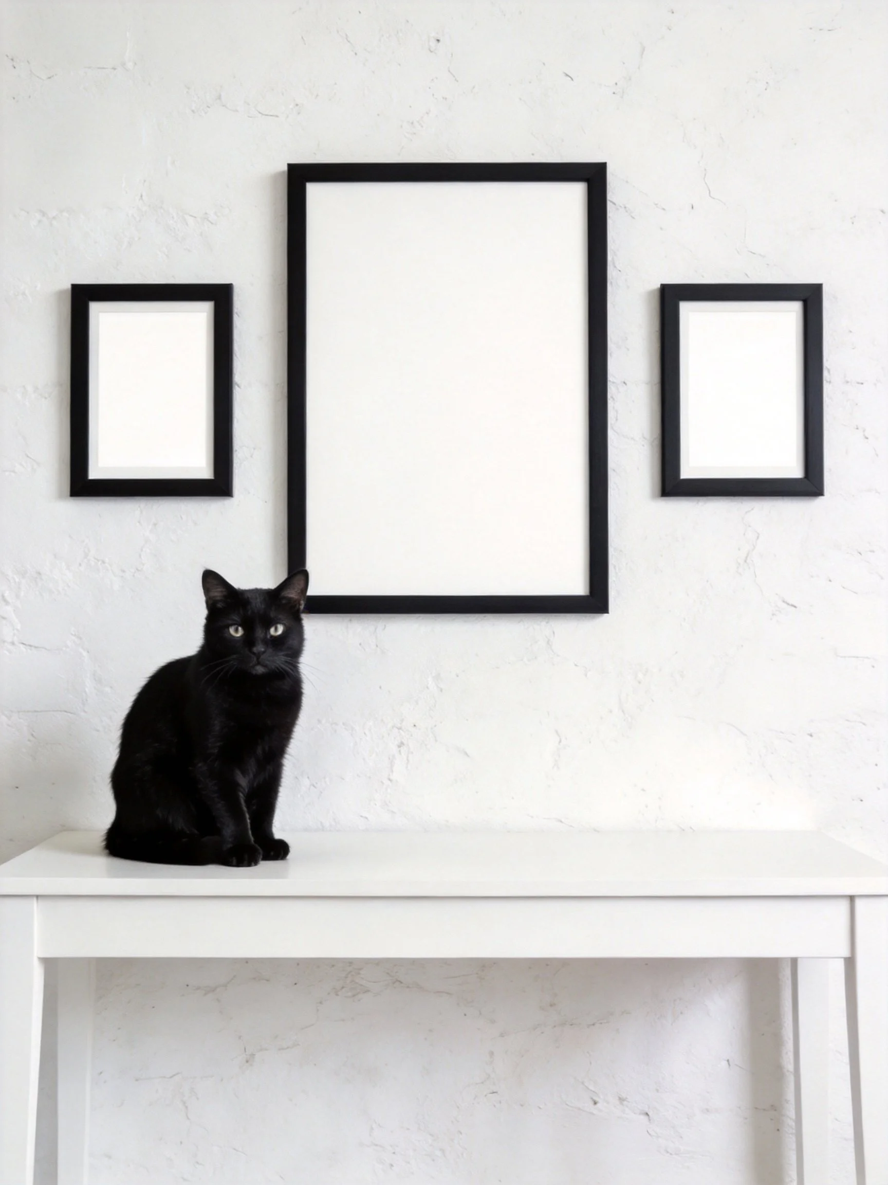 Black cat sits on white table near three framed pictures