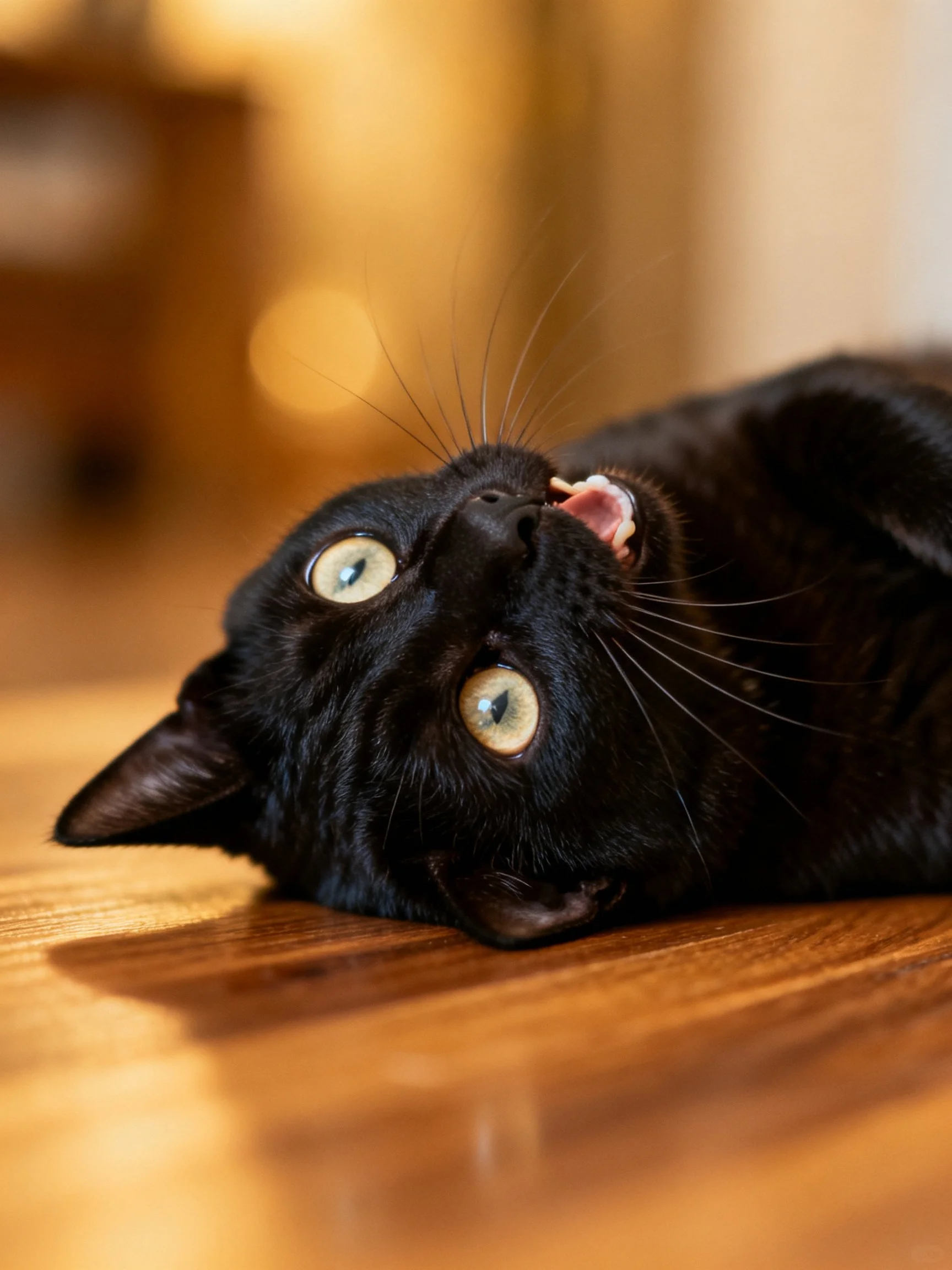 Black cat with bright eyes lies upside down on wooden floor