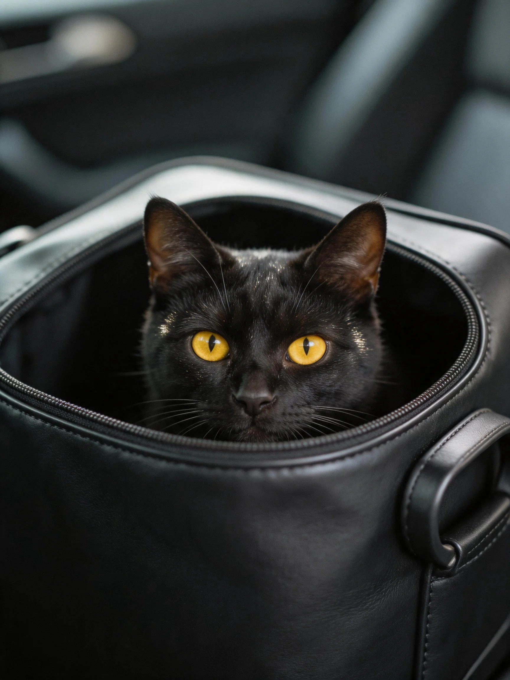 A black cat with bright yellow eyes emerges from an open black leather bag.