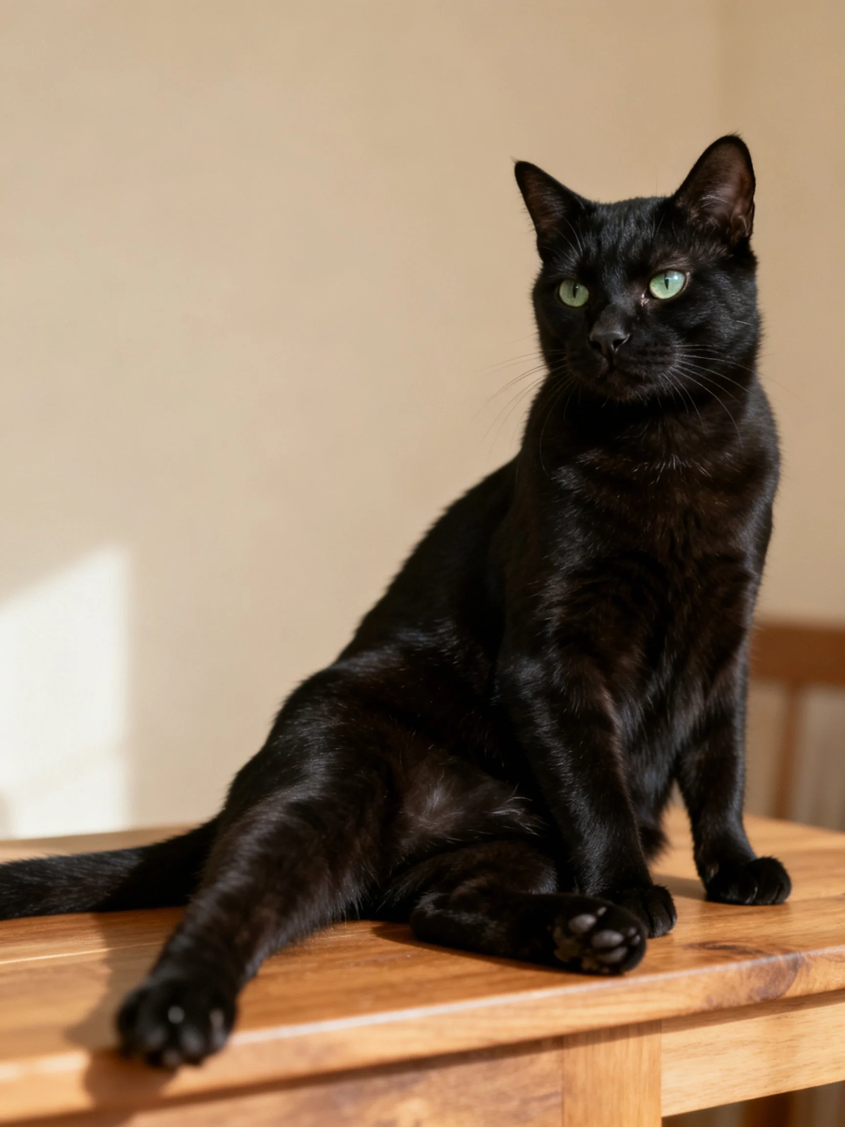Black cat with green eyes perched on wooden table