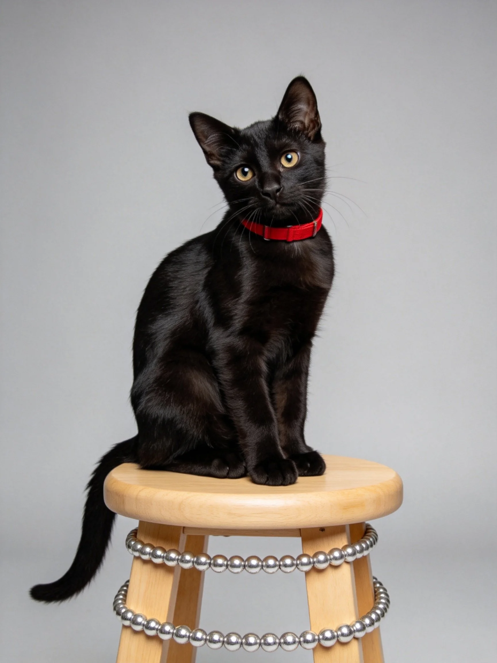 Black cat with red collar on beaded wooden stool