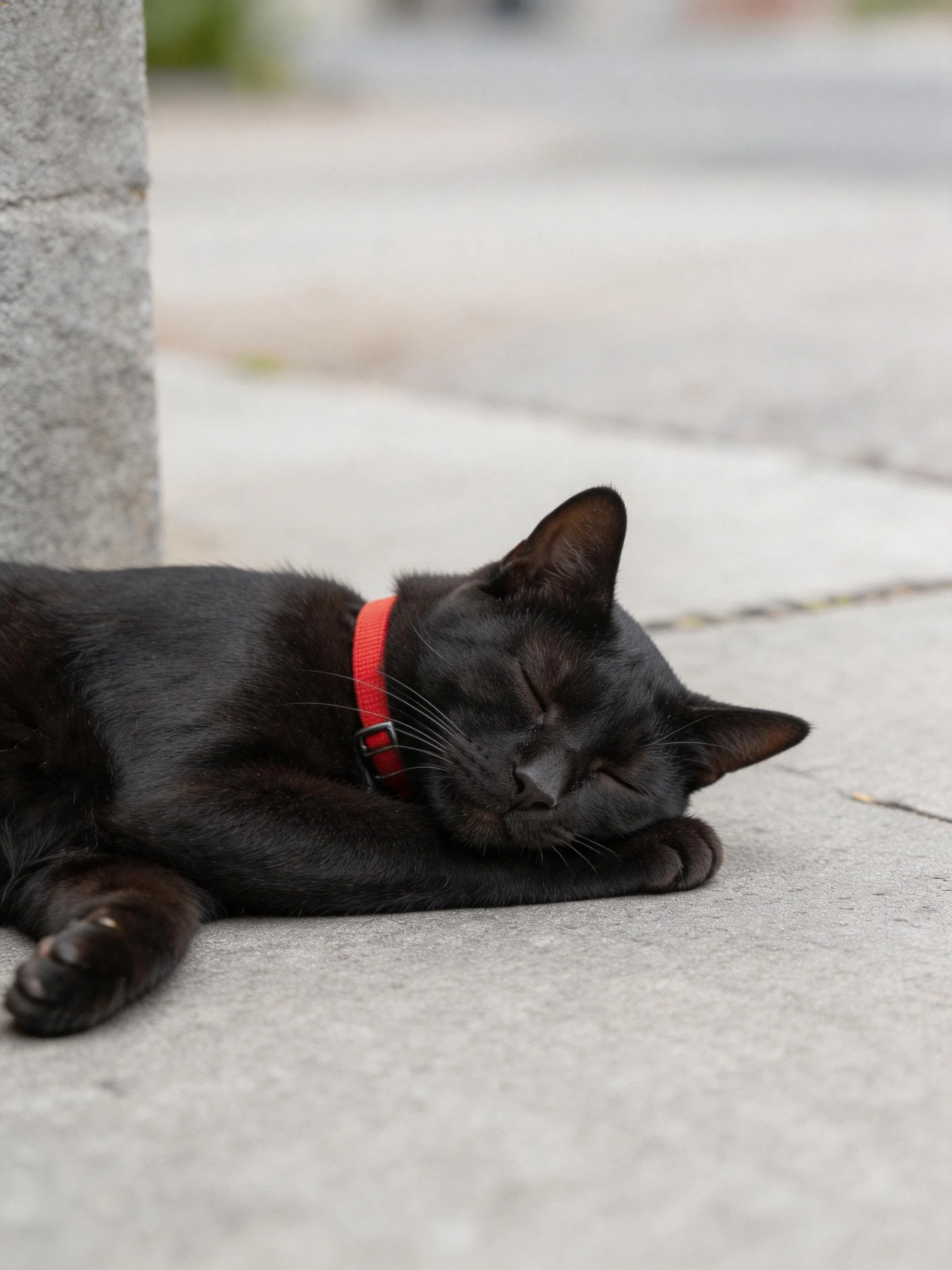 Black cat with red collar resting on smooth concrete near stone column