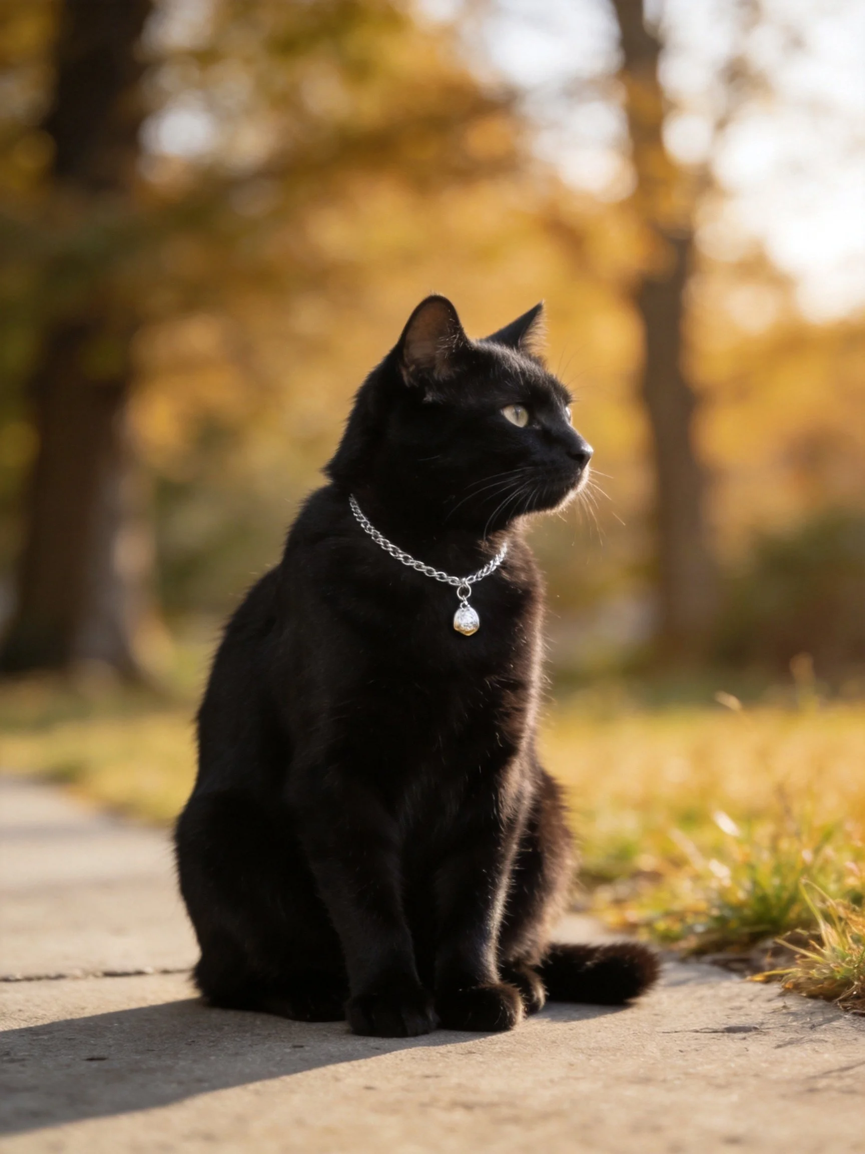 Black cat with silver collar sits on concrete path near golden trees